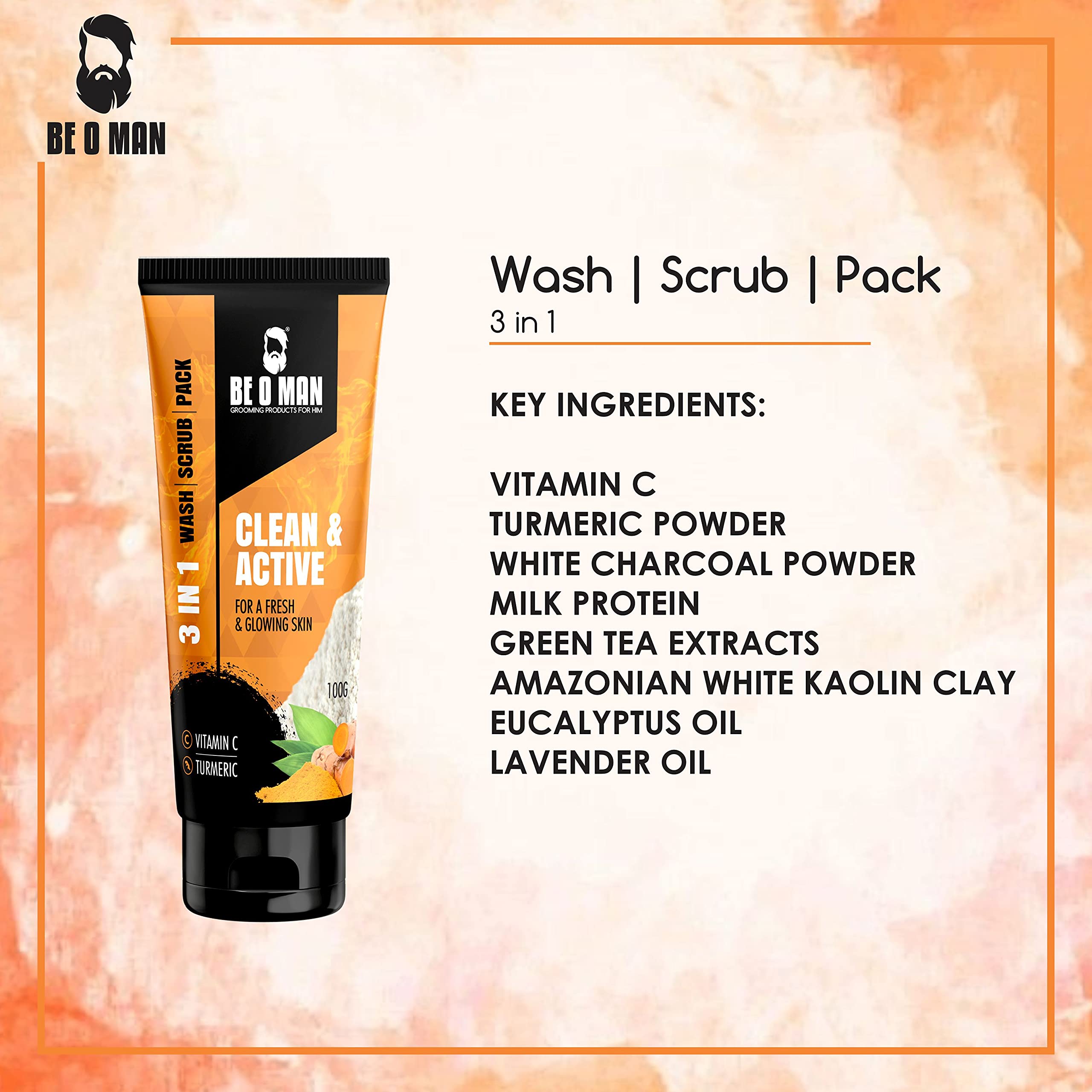 Beoman 3-in-1 Face Wash Scrub & Mask for Men - Vitamin C, Turmeric & Charcoal Cleanser (100g) | Deep Pore Cleansing, Exfoliating & Brightening | Removes Dirt, Oil & Impurities for Healthier Glowing Skin | Perfect for Daily Skincare & Post-Workout Refresh