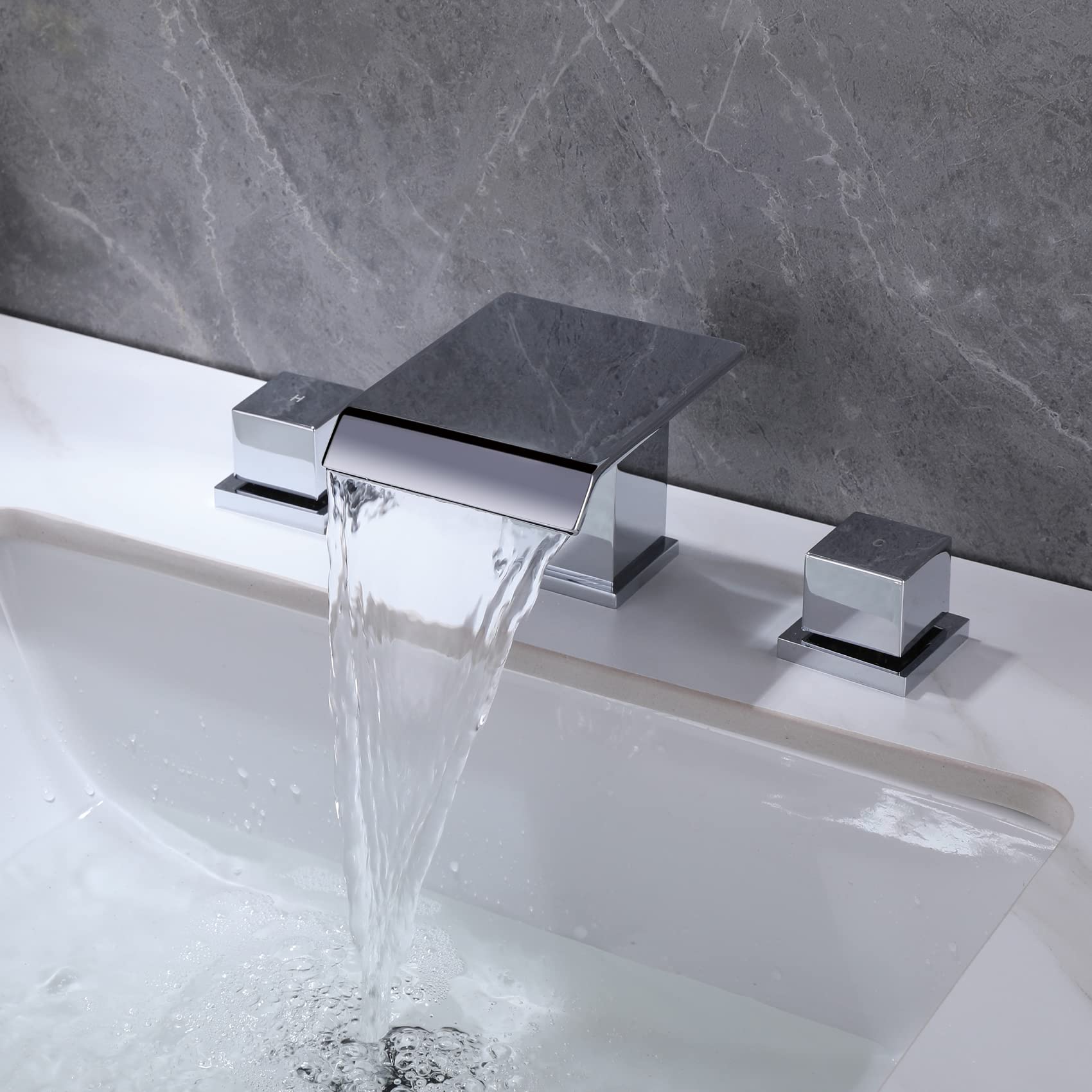 TapLong Solid Brass Modern Waterfall Bathroom Faucet - 3 Hole Deck Mount with 2 Square Handles, Chrome Finish for Bathroom Sink - Perfect for Contemporary Vanities and Spa-Inspired Bathrooms