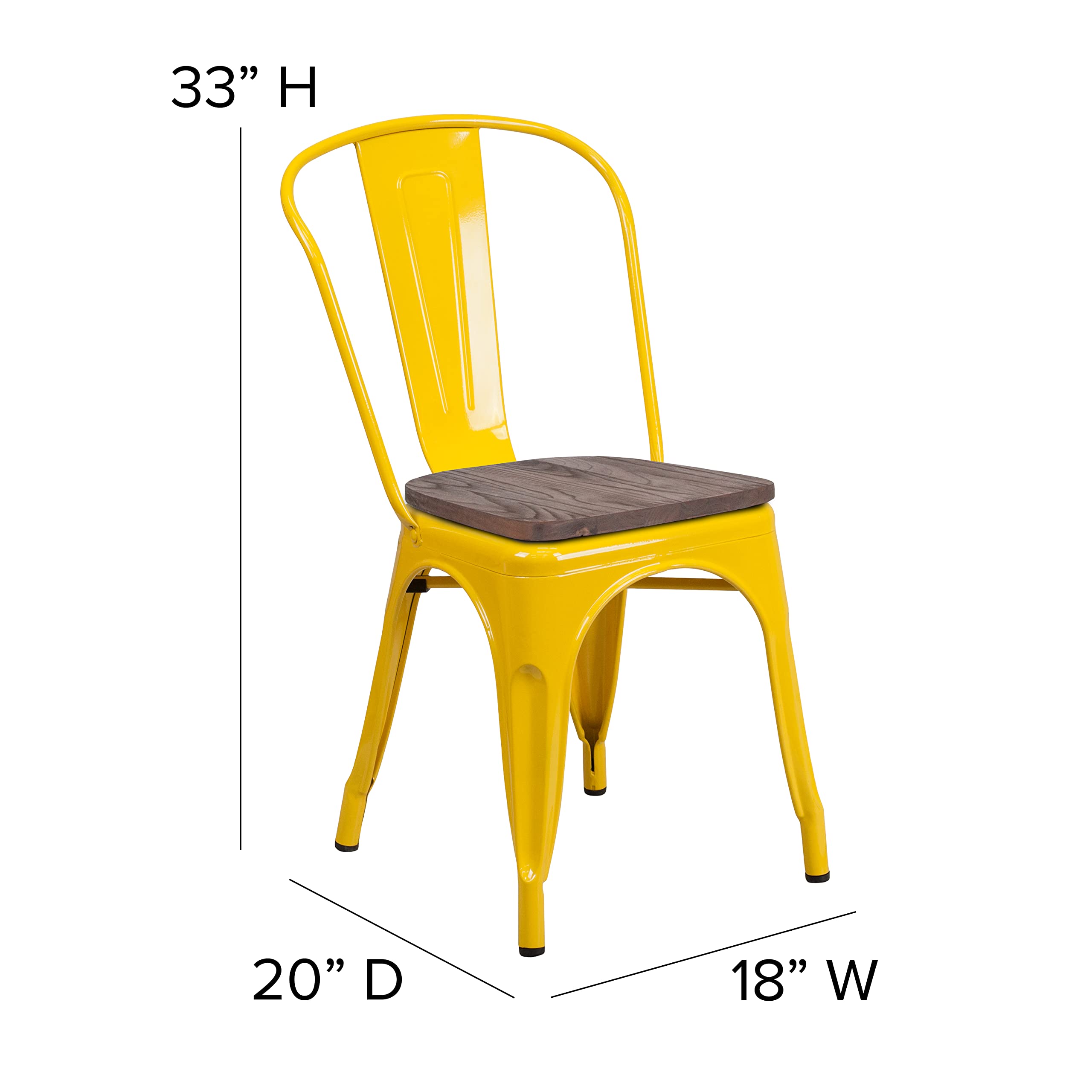 4 Pack Yellow Metal Stackable Chairs with Wood Seat - Commercial Restaurant & Bistro Chairs for Indoor/Outdoor Dining, Cafes, and Events