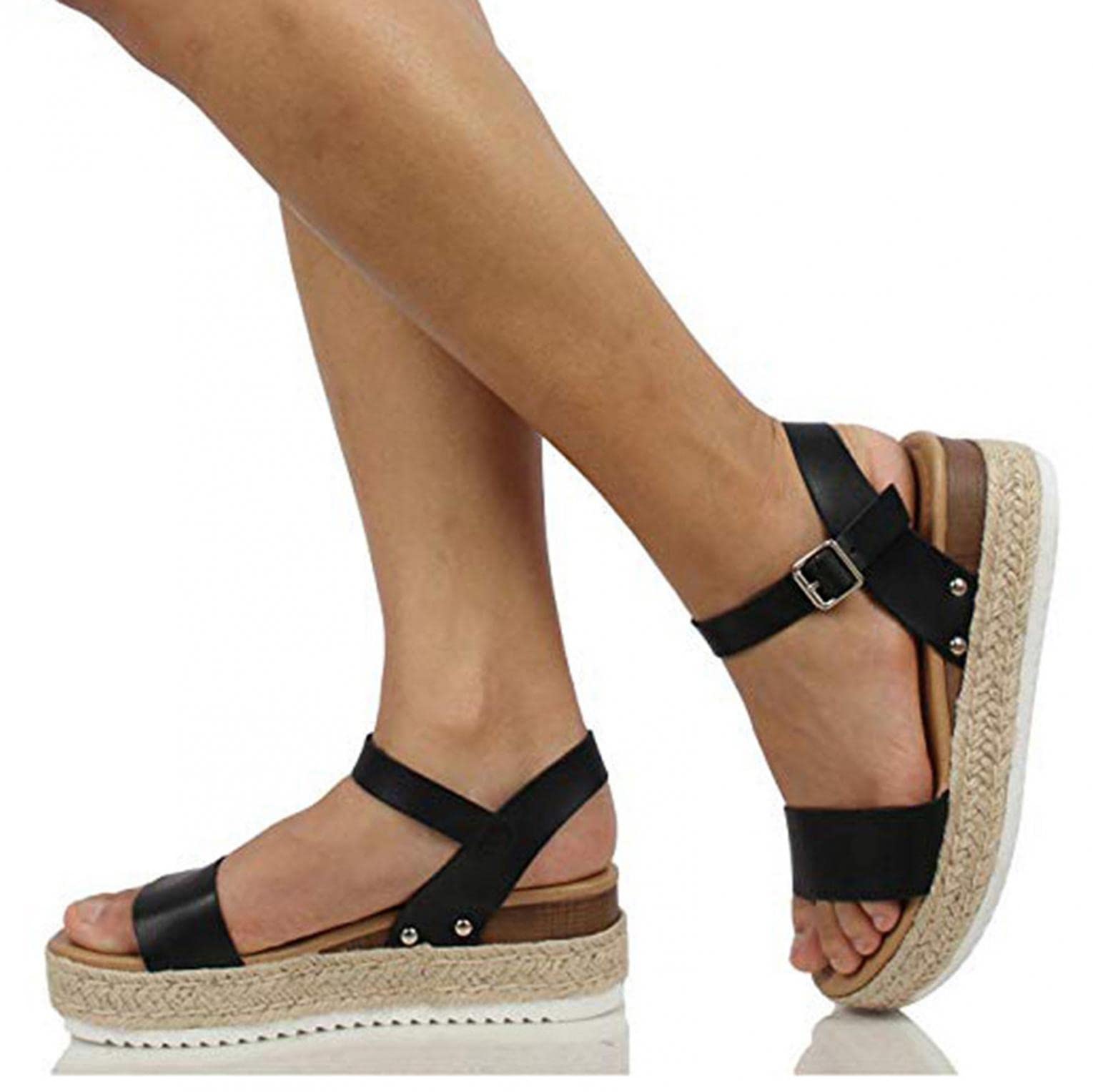 Women's Trendy Open Toe Summer Sandals with Ankle Strap & Espadrille Heel - Comfortable Beach Wedding Vacation Shoes for Outdoor Walking & Casual Outfits