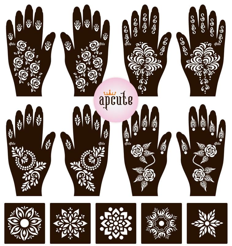APCUTE Henna Tattoo Stencil Kit - 13 Piece Temporary Tattoo Stickers for Hands | Easy 4-Step Application for Women & Girls | Perfect for Weddings, Festivals & DIY Body Art