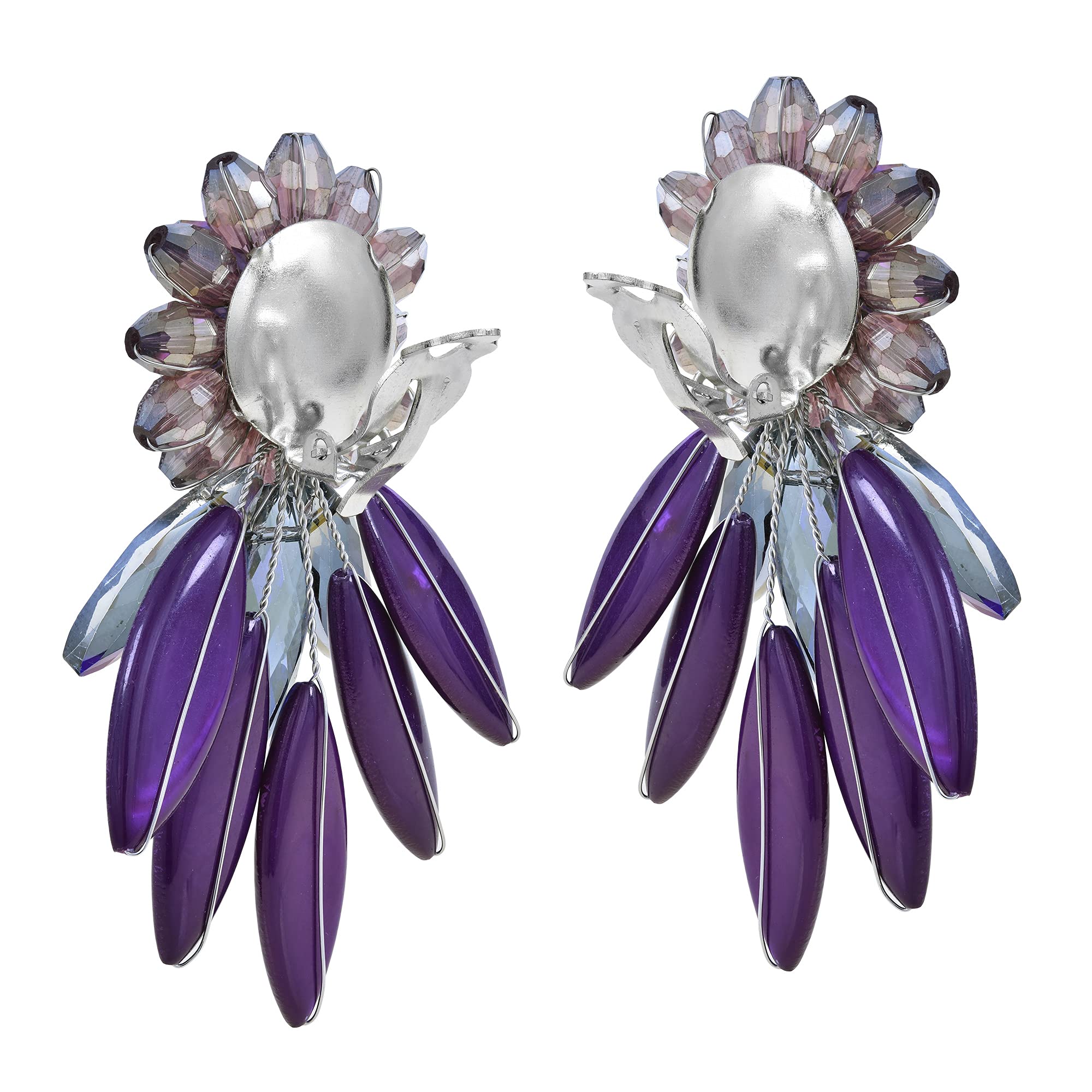 Purple Cluster Crystal Bead & Mother of Pearl Clip-On Earrings for Women | Large Pearl Statement Jewelry | Perfect for Weddings, Parties & Special Occasions