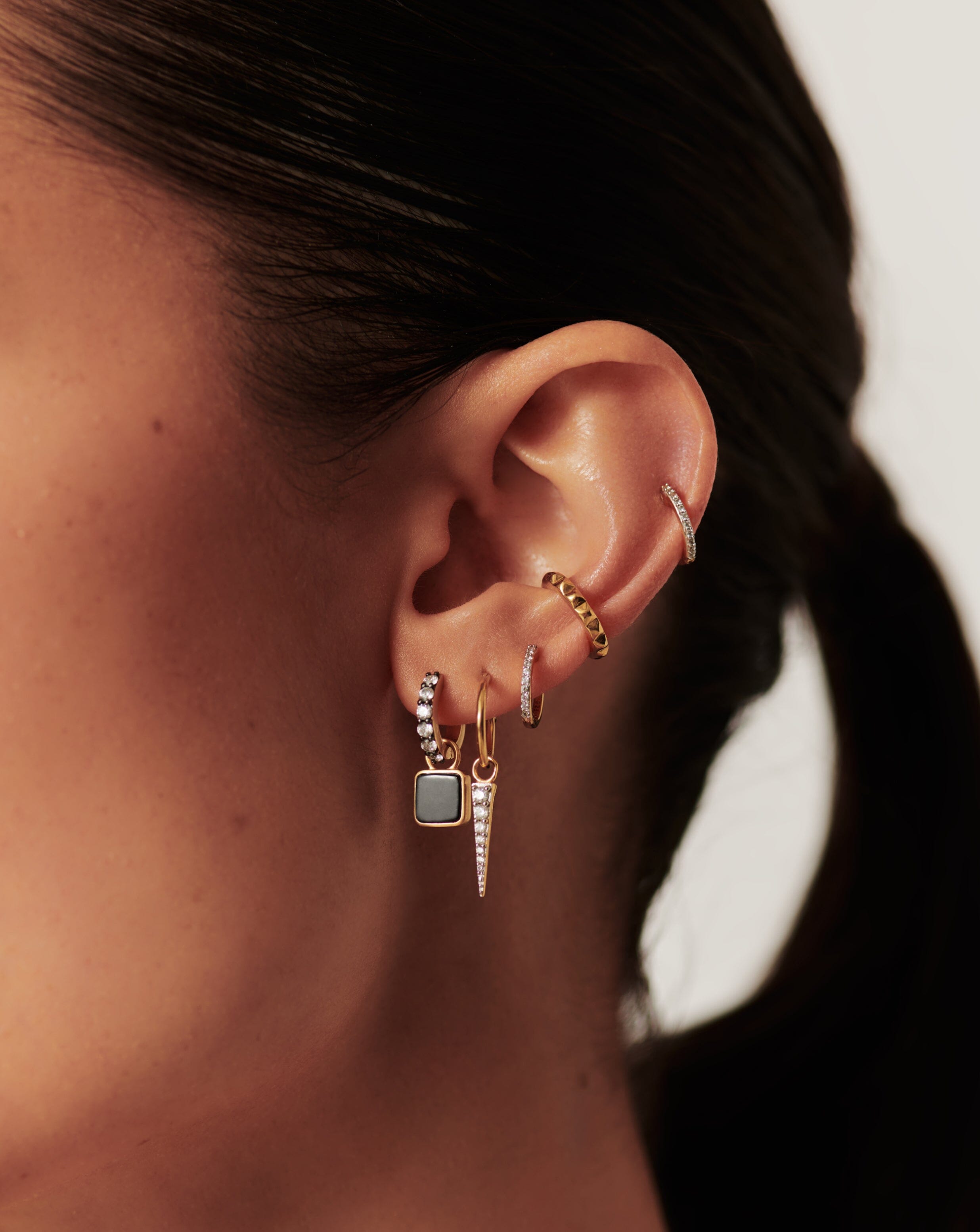 Lucy Williams Square Black Onyx Charm Hoop Earrings | 18k Gold Vermeil & Black Onyx | Elegant Dangle Earrings for Women | Perfect for Parties, Weddings & Evening Events