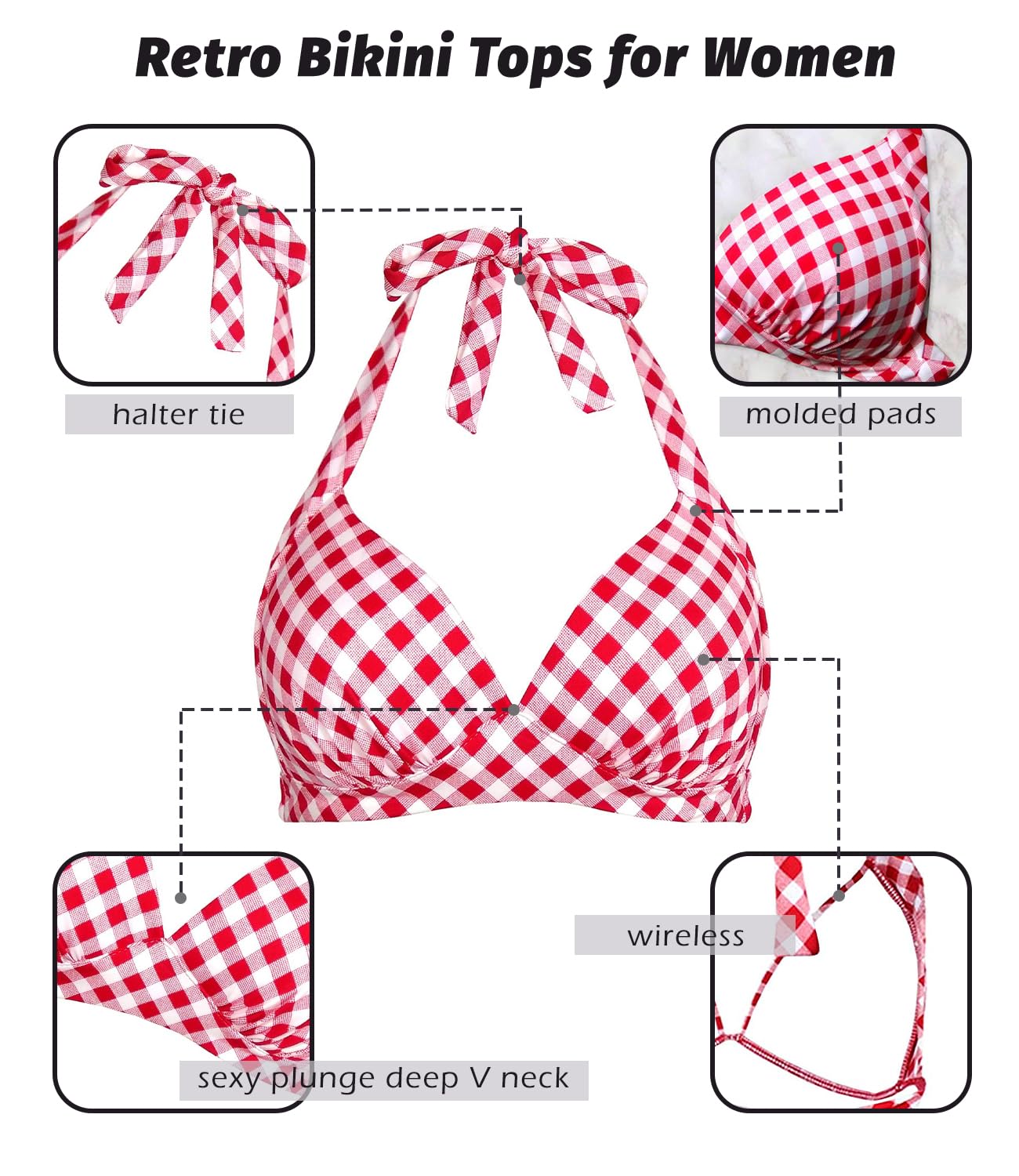 Vintage 50s Halter Neck Tie Knot Back Bikini Top for Women - Soft Molded Padding Swimwear, Bathing Suit Tops Only | Perfect for Beach, Pool & Summer Vacations