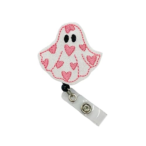 Valentine's Day Ghost Badge Reel - Retractable Pink Heart ID Holder with Glitter Ghoul Name Tag & Swivel Clip | Perfect for Nurses, Teachers & Healthcare Workers