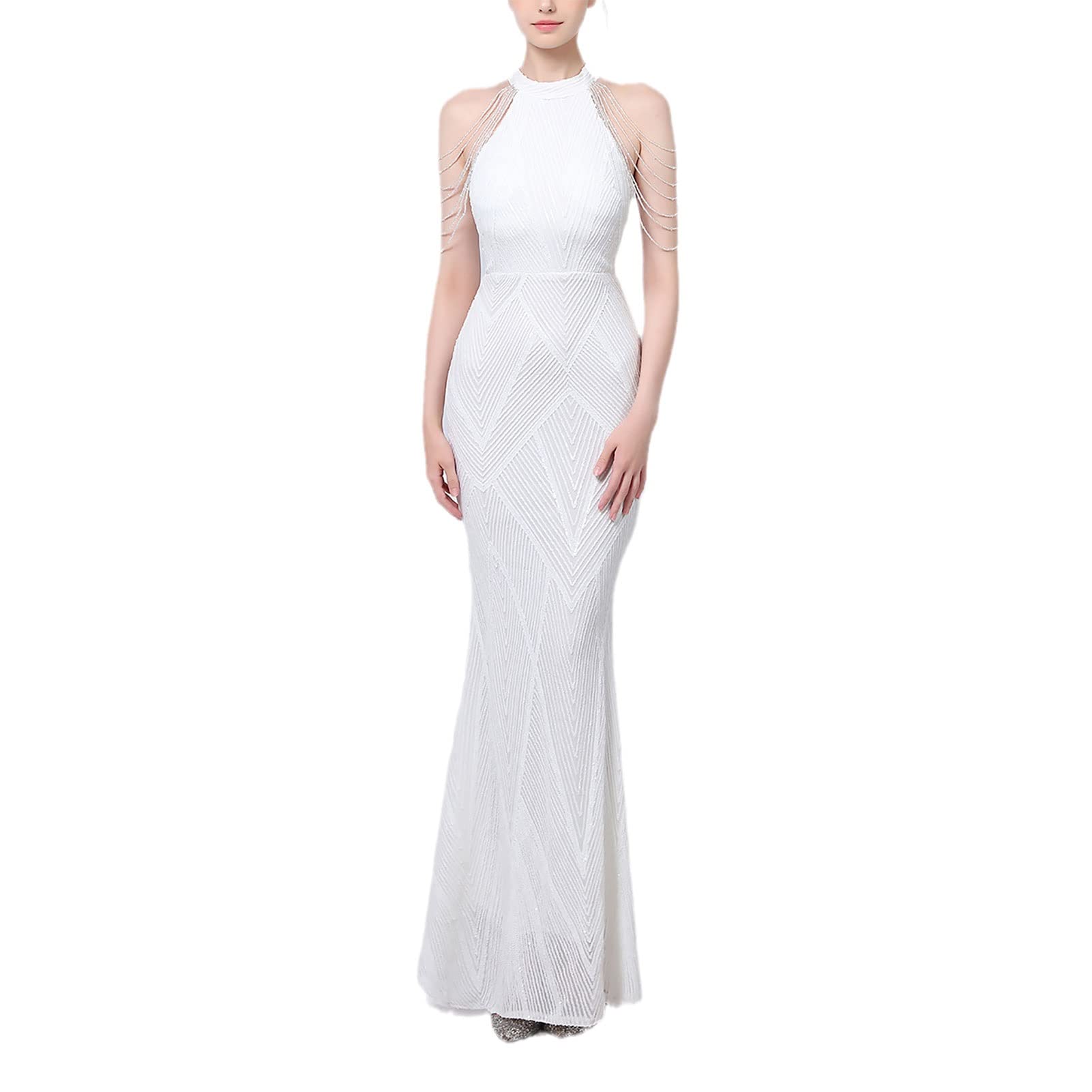 Sparkly Sequin Party Dress for Women - Fishtail Halter Neck Evening Gown Sleeveless Bodycon Formal Cocktail Maxi Dress (Color: Champagne, Size: Large) | Perfect for Prom, Wedding Guest, Gala & Special Occasions