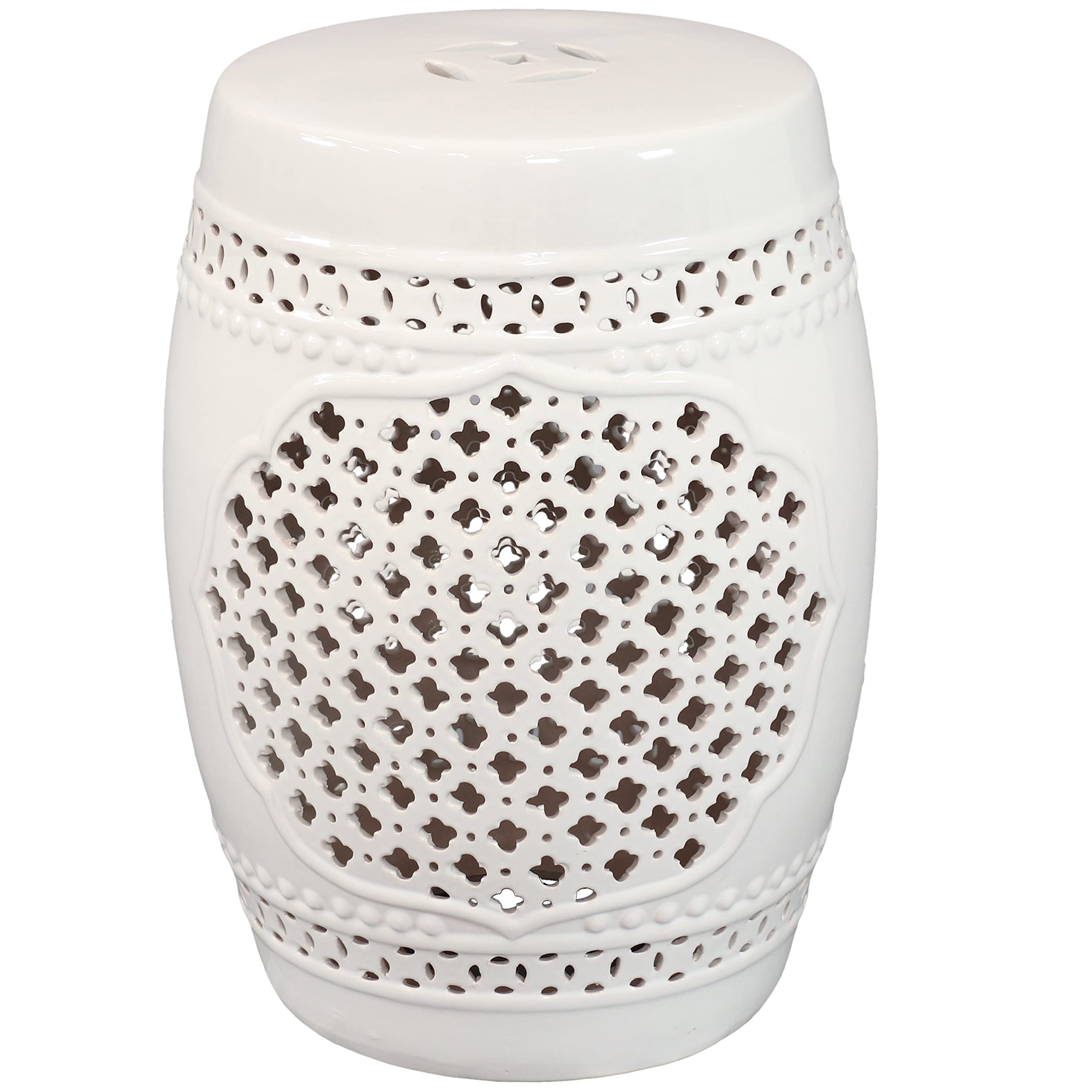 Sunnydaze Marrakesh Ceramic Garden Stool Side Table with Lattice Design - 17.75 Inch Height White Glazed Finish - Indoor Outdoor Patio Furniture for Living Room, Garden, Poolside Decor