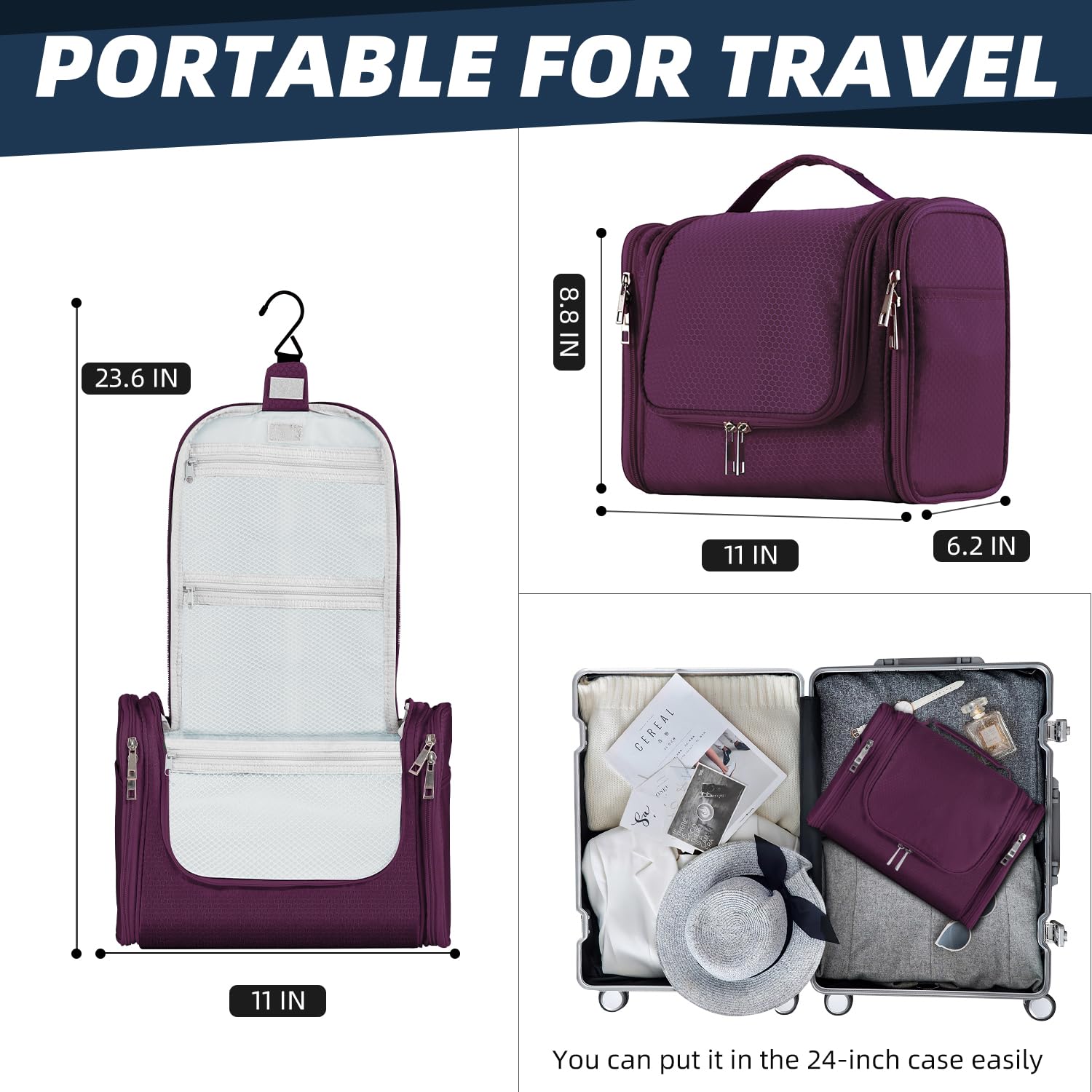 Premium Large Capacity Hanging Toiletry Bag for Women & Men - Waterproof Travel Cosmetic Organizer with Multiple Pockets for Makeup, Shaving Essentials & Full-Sized Toiletries (Purple) | Ideal for Vacation, Business Trips & Gym Use