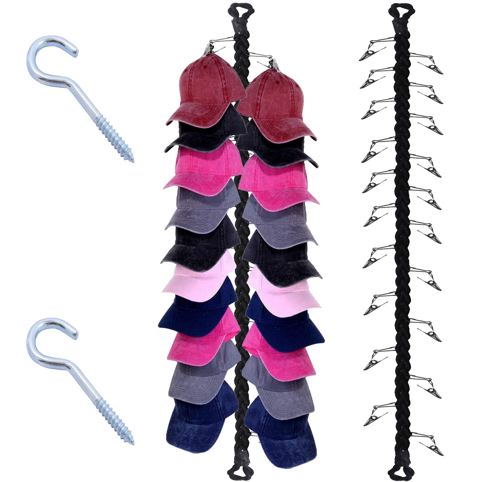 20-Pack Stainless Steel Wall or Ceiling Mounted Hat Organizer - Baseball Cap Storage Rack System with Hanging Clips for Closet, Bedroom & Entryway Organization