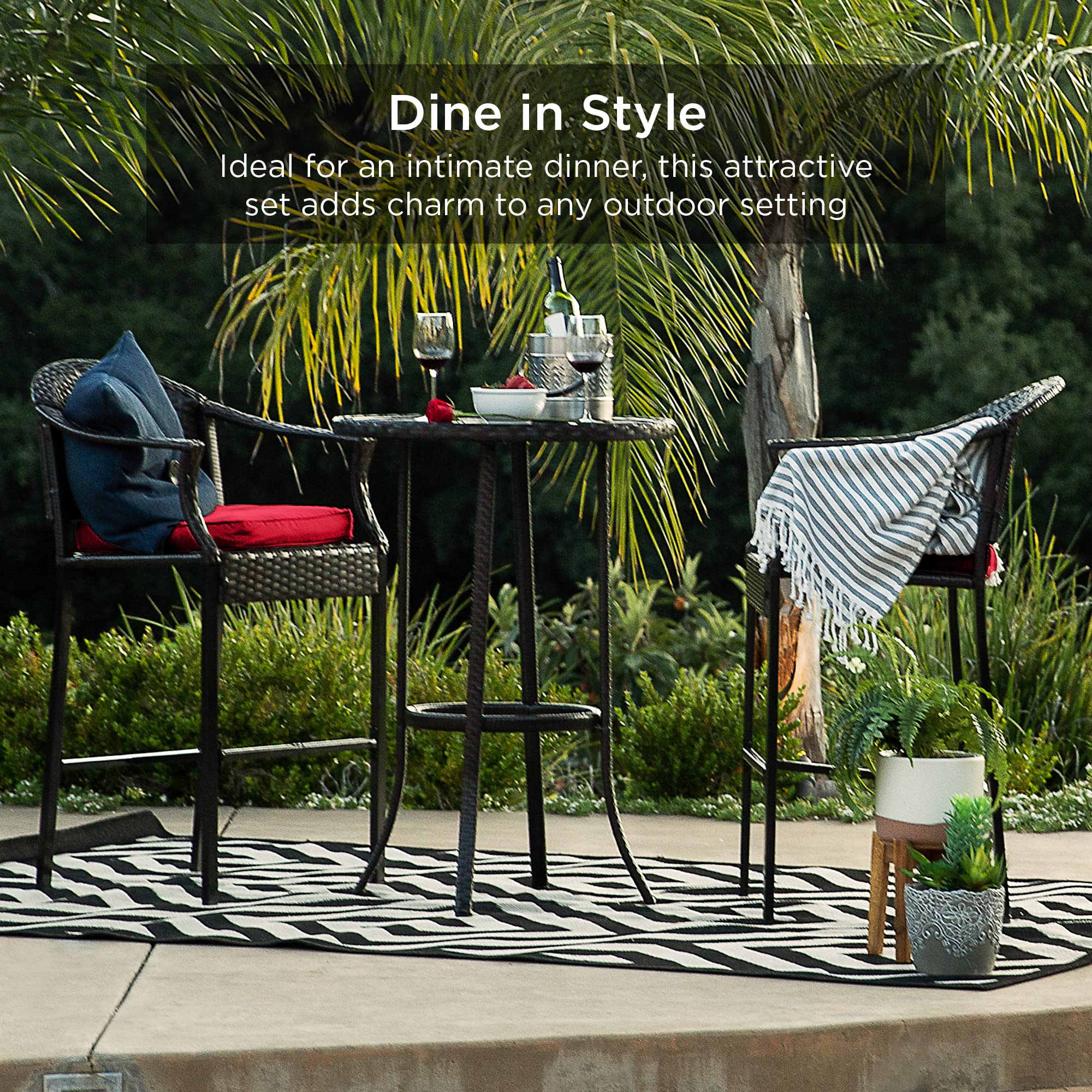 Best Choice Products 3-Piece Patio Bar Table Set - Outdoor Wicker Bar Height Bistro Furniture with Barstools & Cushions, Steel Frame in Brown/Red - Perfect for Backyard, Poolside, Balcony & Garden Entertaining