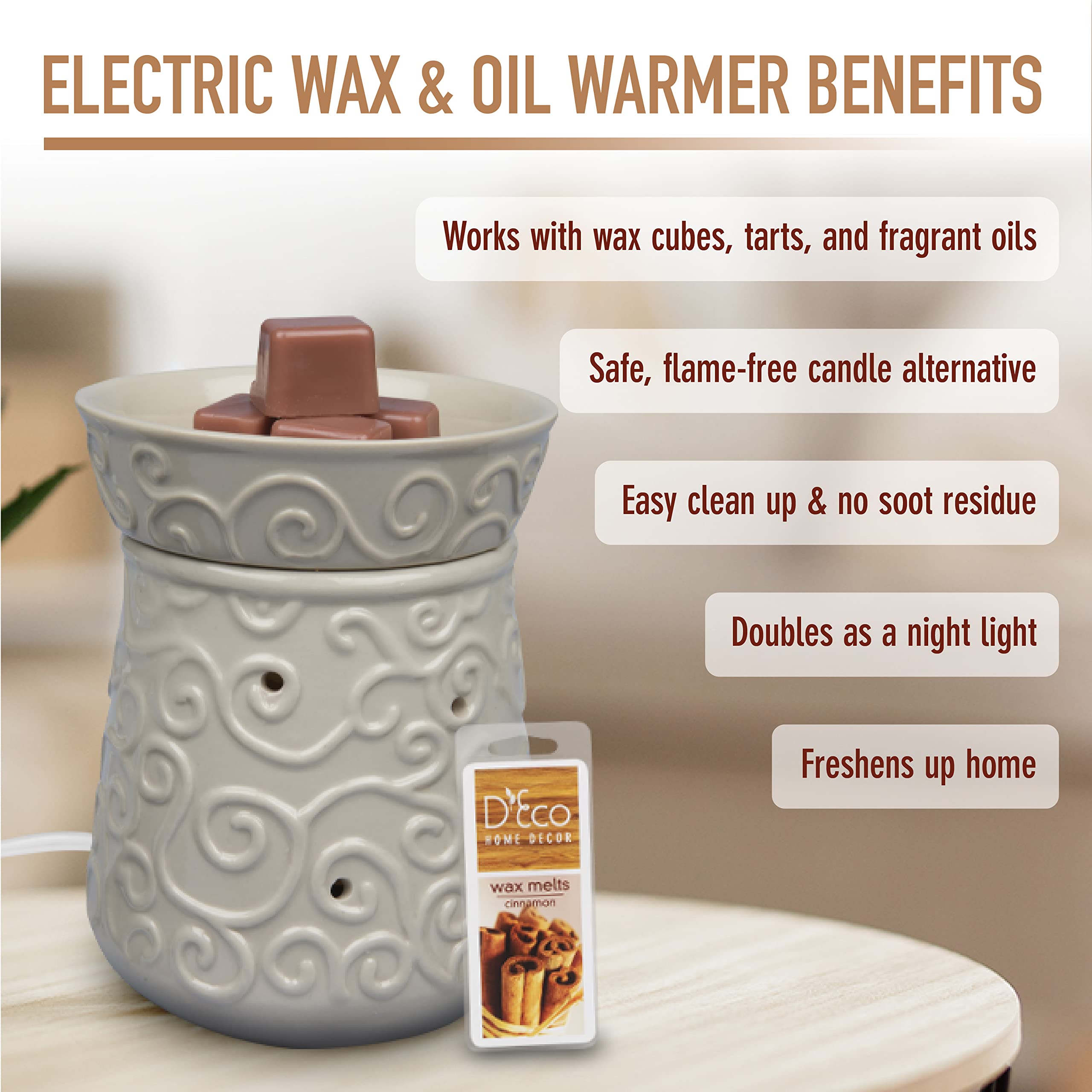 D'Eco Electric Wax Melt Warmer - Plug-in Scented Tart & Candle Warmer with 4 Cinnamon Wax Cubes, Halogen Bulb for Home Fragrance - Perfect for Living Room, Bedroom, Office & Spa - Ideal Housewarming, Wedding Gift & Aromatherapy Relaxation