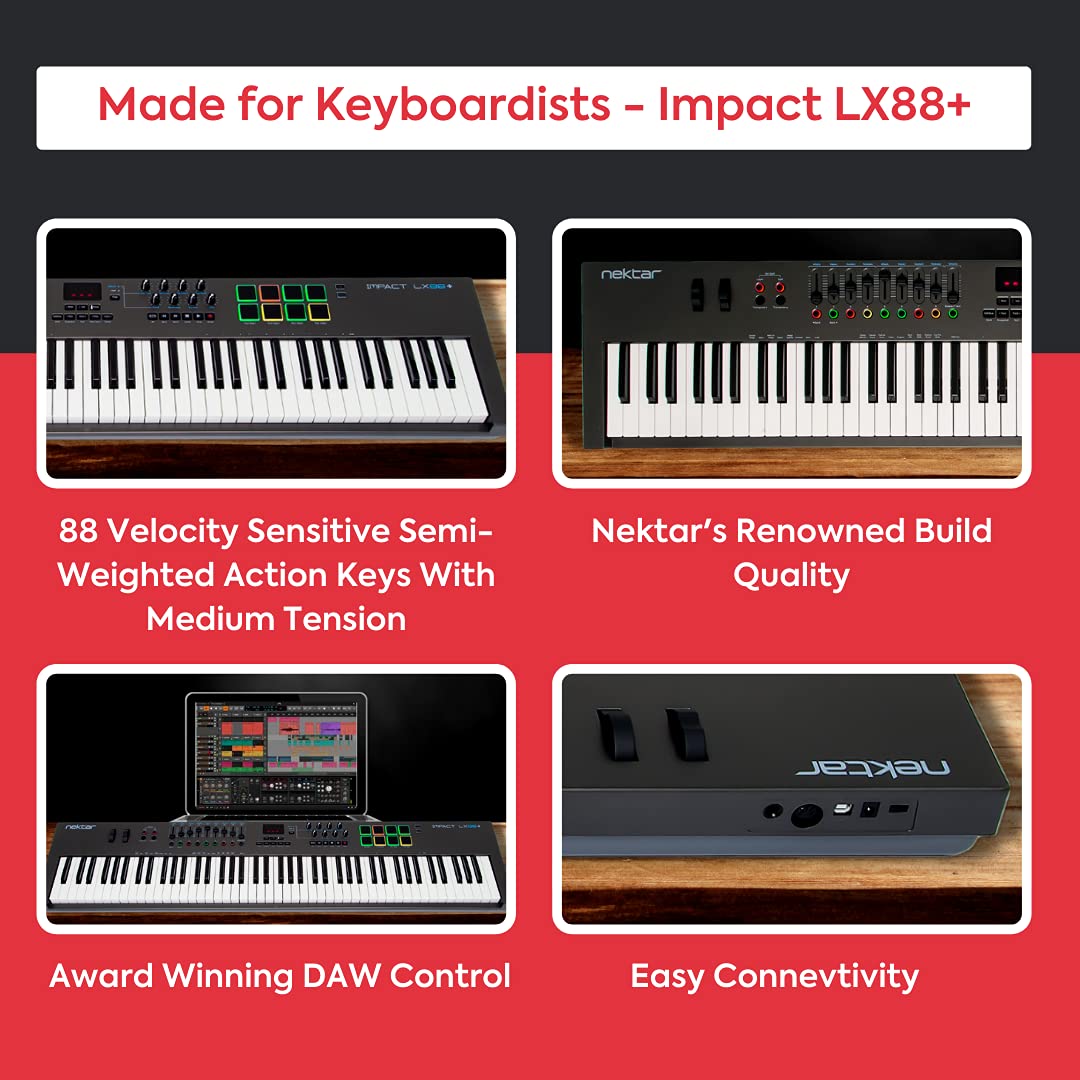 Nektar Impact LX88+ 88-Key USB MIDI Keyboard Controller with Semi-Weighted Keys - Perfect for Music Production, Studio Recording & Live Performance