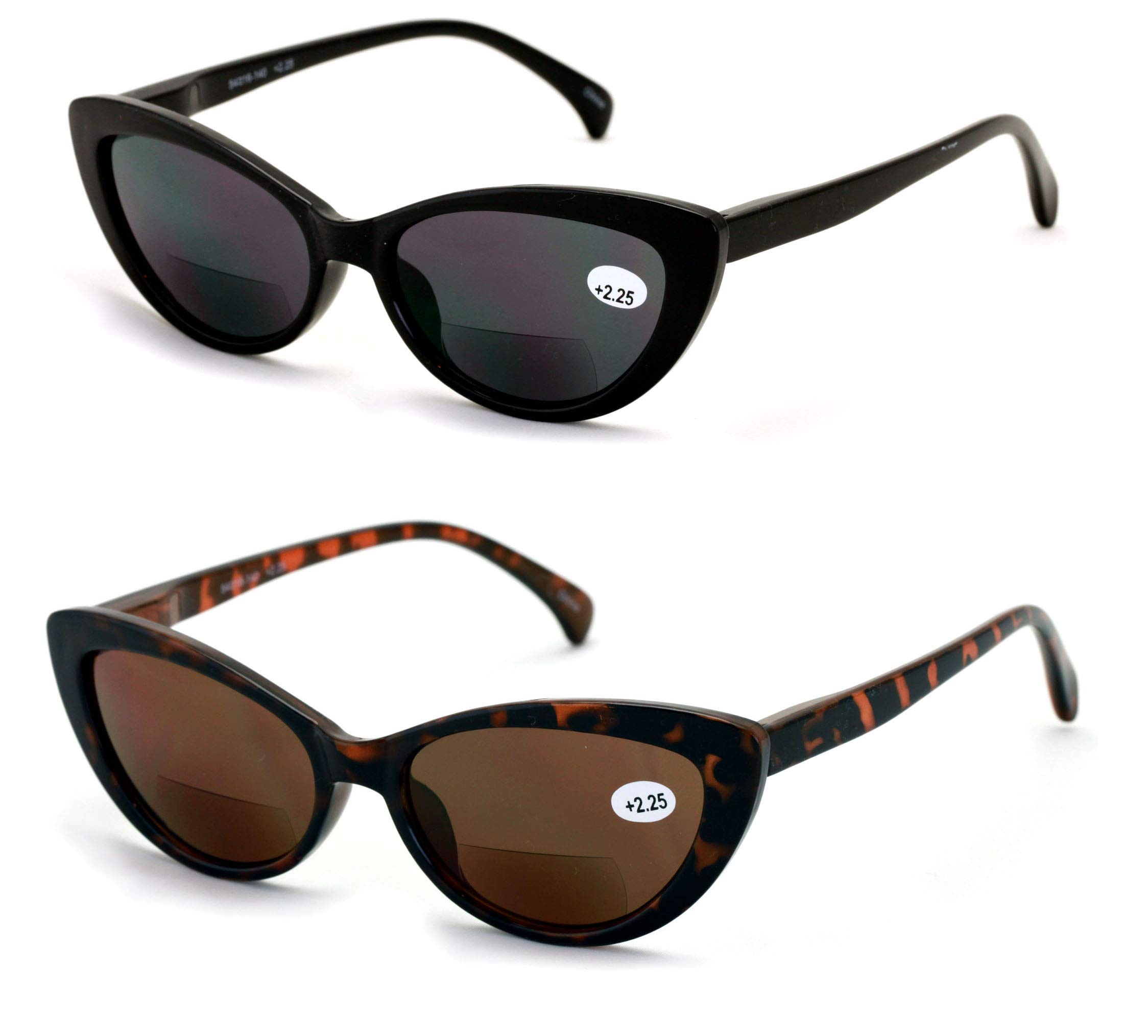 2 Pairs BIFOCAL Women's Cateye Black Tortoise Reading Sunglasses - Fashionable Prescription Eyewear for Outdoor Reading, Driving & Sun Protection