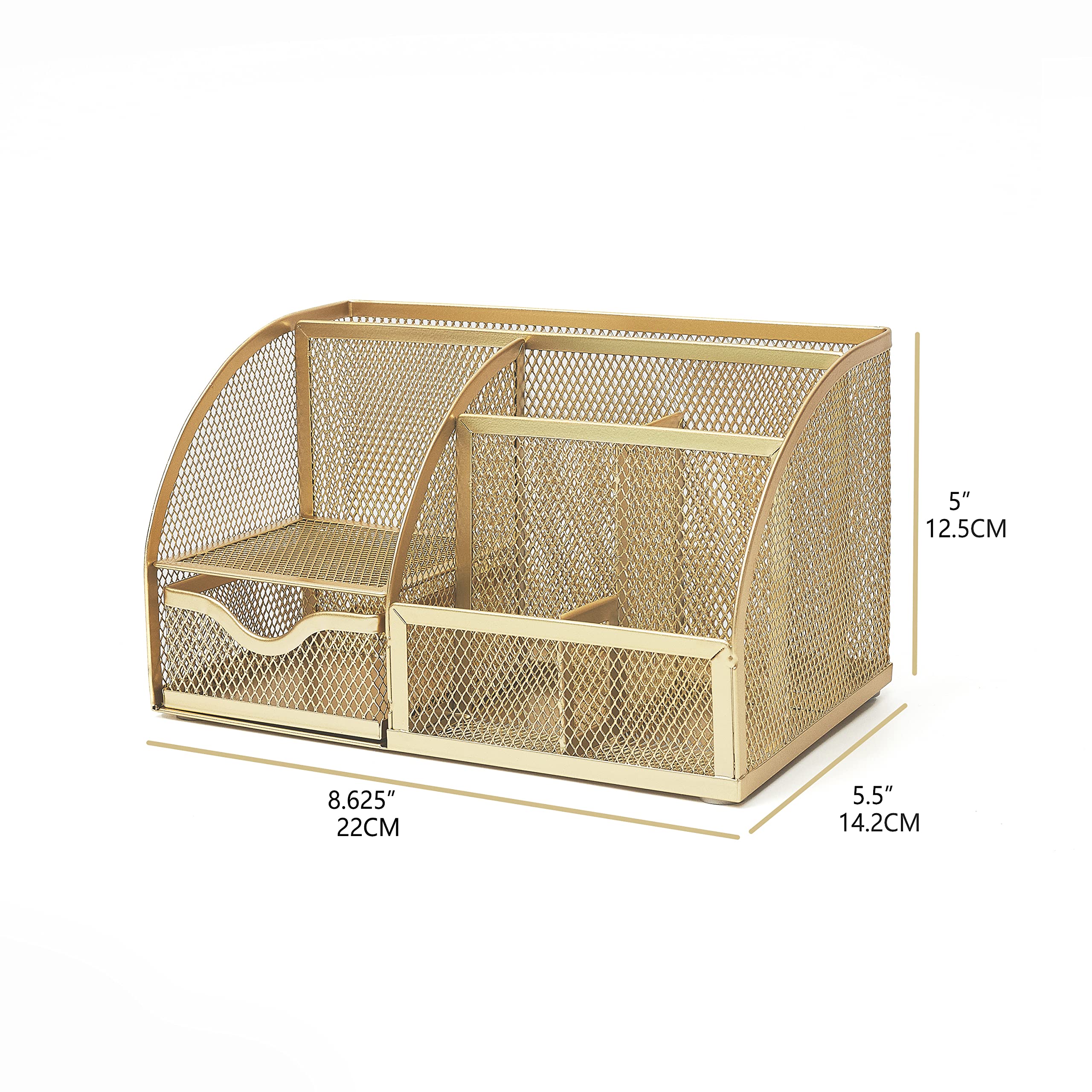 Anova Mesh Desk Organizer with 7 Compartments & Drawer - Office Desk Tidy for Pens, Candy, Supplies - Multifunctional Gold Organizer for Home, Office, School & Workspace Organization