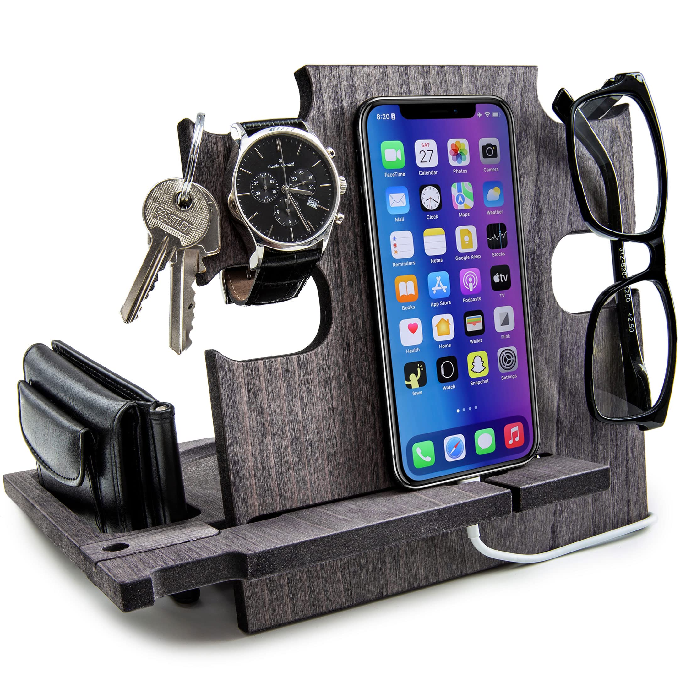 Wireless Charging Phone Dock Stand for Nightstand - Fast Qi Charger with Alarm Clock & Organizer (Slate Grey) - Perfect for Bedroom, Office & Travel