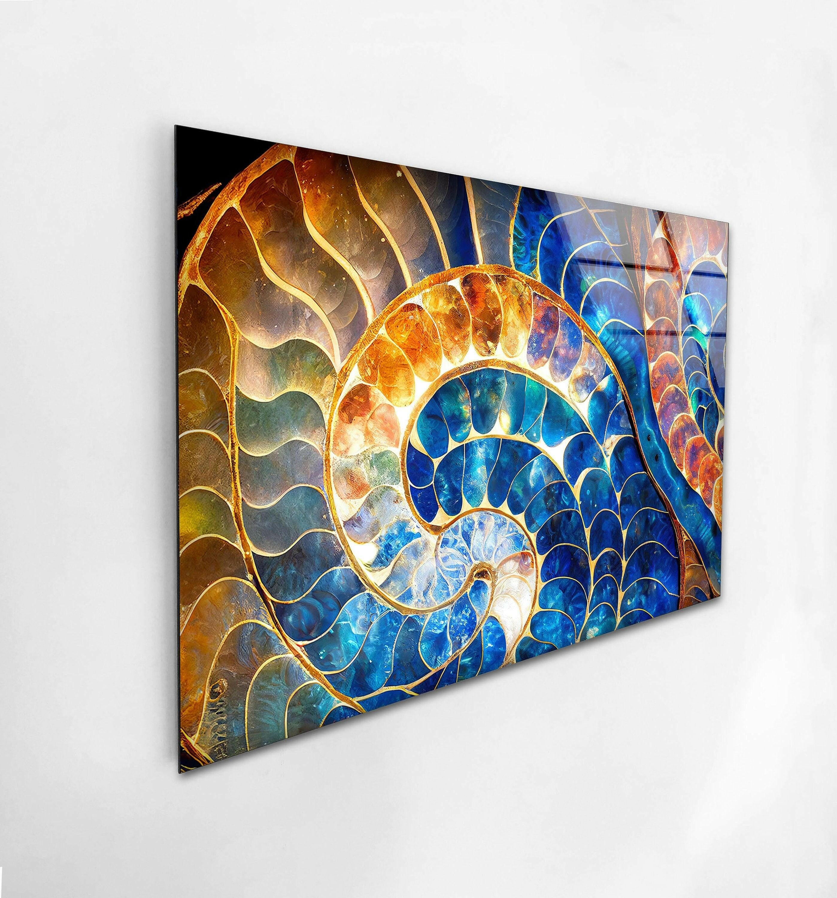 Blue & Orange Shell Glass Wall Art - Handmade Coastal Decor for Living Room, Bedroom, or Beach House - Perfect for Boho, Nautical & Seaside Home Decor