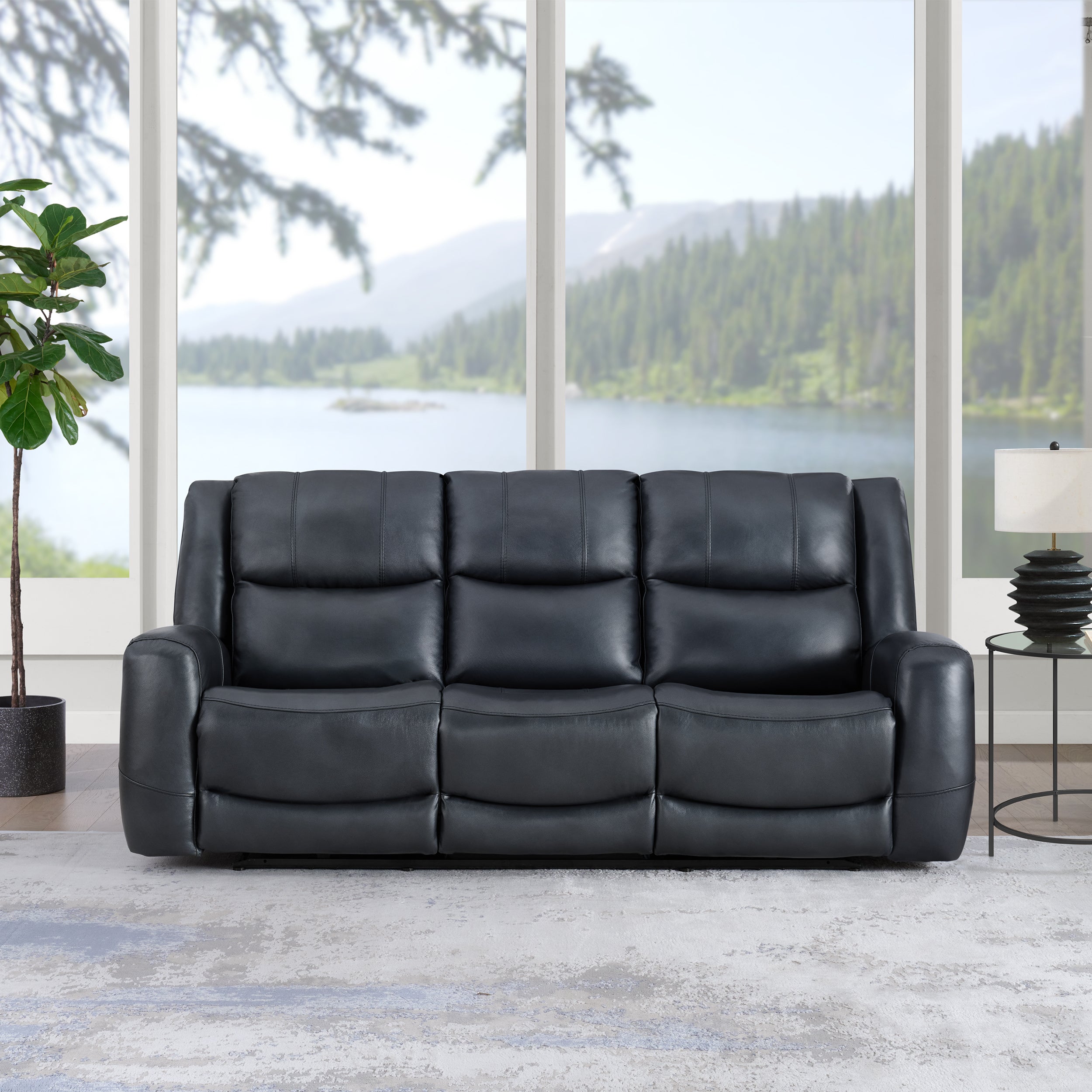 Roundhill Furniture Cozura Genuine Leather Power Dual Reclining Sofa - 3-Seater Living Room Couch with USB Charging for Home Theater & Family Relaxation