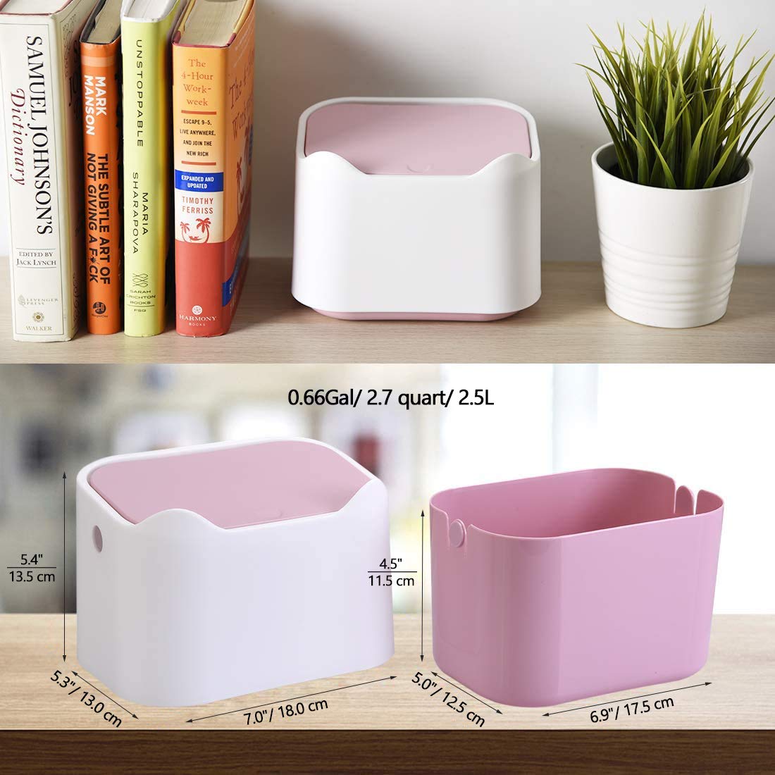 Small Desk Trash Can with Lid - Mini Portable Table Waste Bin for Home, Office, Kitchen, Bathroom & Car - Pink & White Desktop Dustbin for Paper, Snacks & Daily Trash Disposal