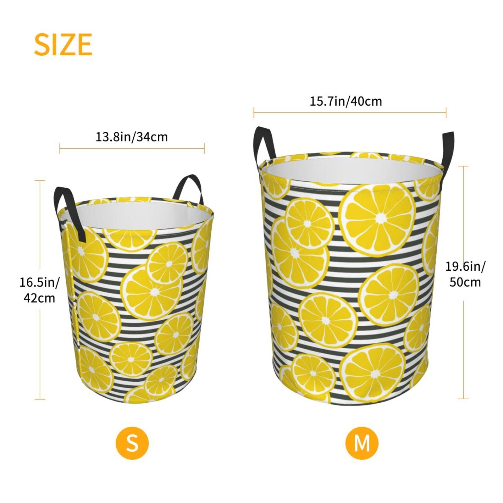 Collapsible Laundry Basket with Handle - Waterproof Fabric Hamper for Dirty Clothes, Toys & Storage | Large Striped Organizer Bin for Bathroom, Bedroom & Laundry Room | Lemon Slice Black Design