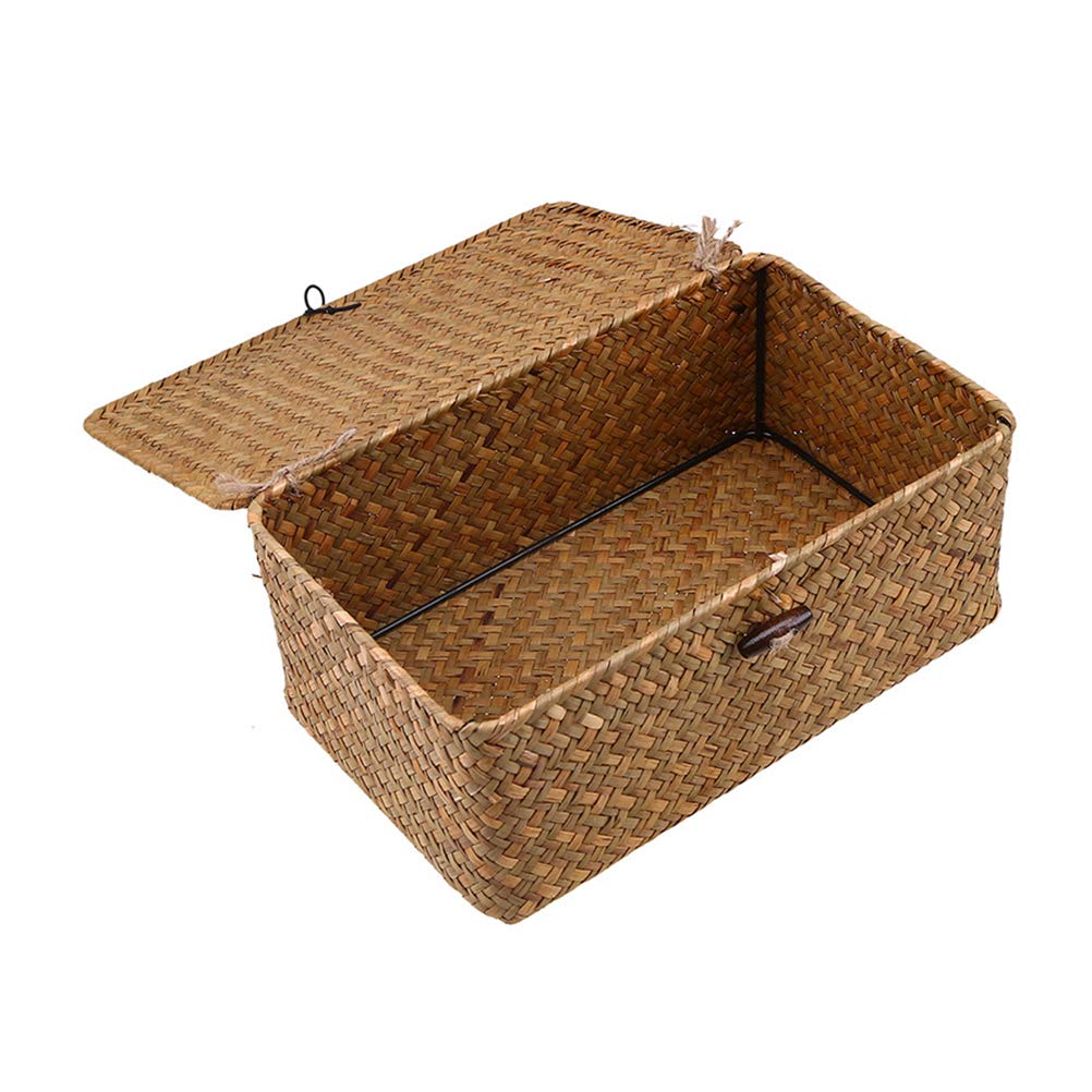 Decorative Small Wicker Baskets with Lid - Rectangular Seagrass Storage Bin for Home, Bathroom & Shelf Organization | Perfect for Bathroom Essentials, Living Room Decor & Closet Storage