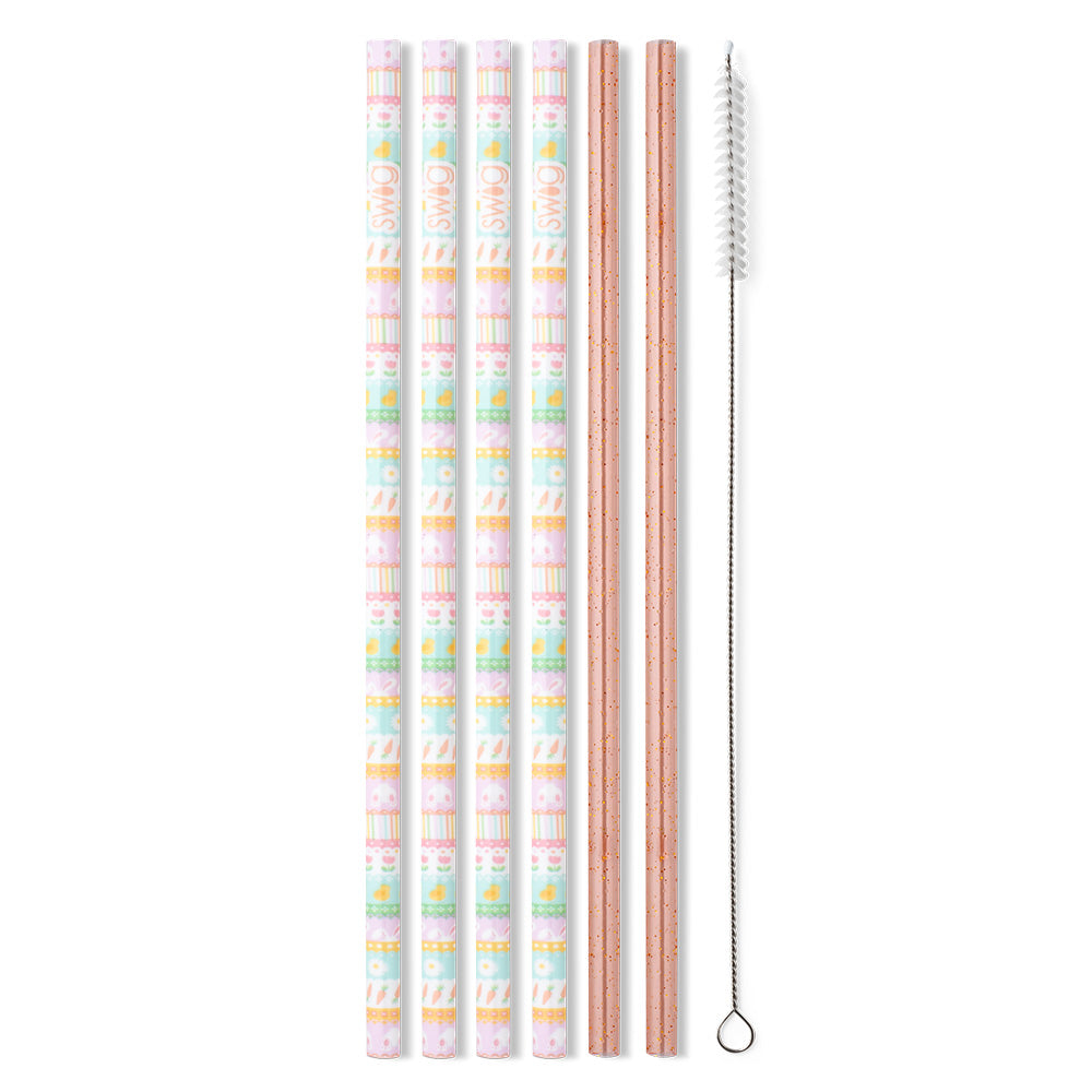 Eco-Friendly Bunny Trail & Peach Glitter Reusable Straw Set - 4 Pack BPA-Free Silicone Drinking Straws for Smoothies, Cocktails, Iced Coffee & Home Parties