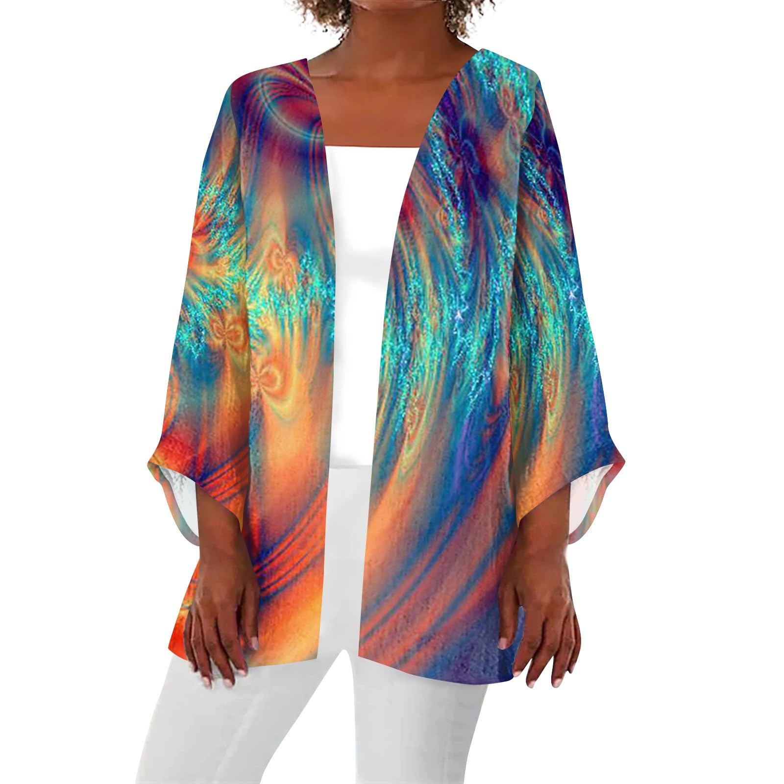 Trendy Women's Floral Boho Cardigan & Graphic Tee Set - 3/4 Sleeve Beach Cover Up for Spring Summer 2024-2025 (Orange, Large) - Perfect for Casual Outings, Vacations & Boho Fashion Styles