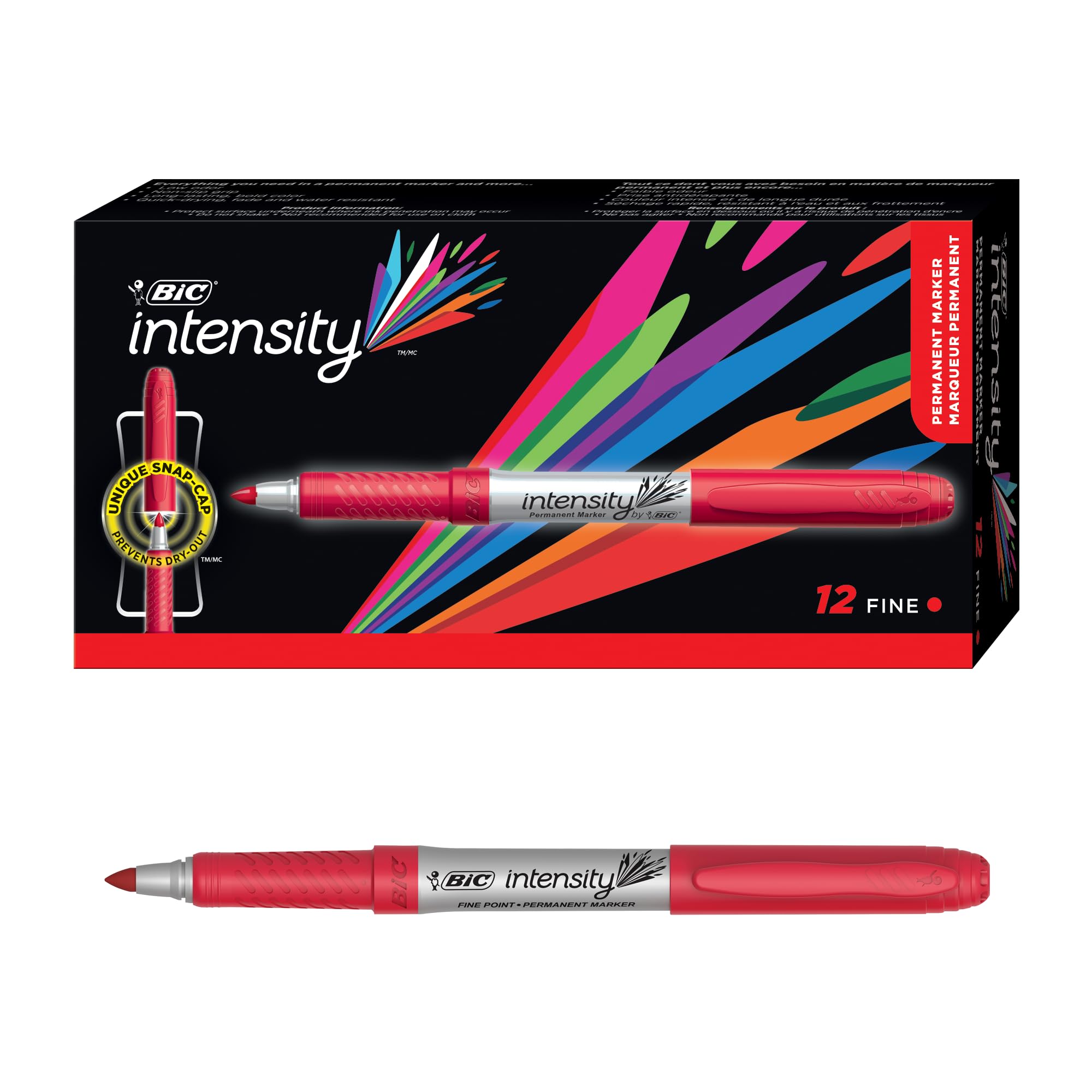 BIC Intensity Fine Point Permanent Markers - 12 Pack Red Ink with Non-Slip Grip for Smooth Writing - Ideal for Office, School, Art Projects & Labeling