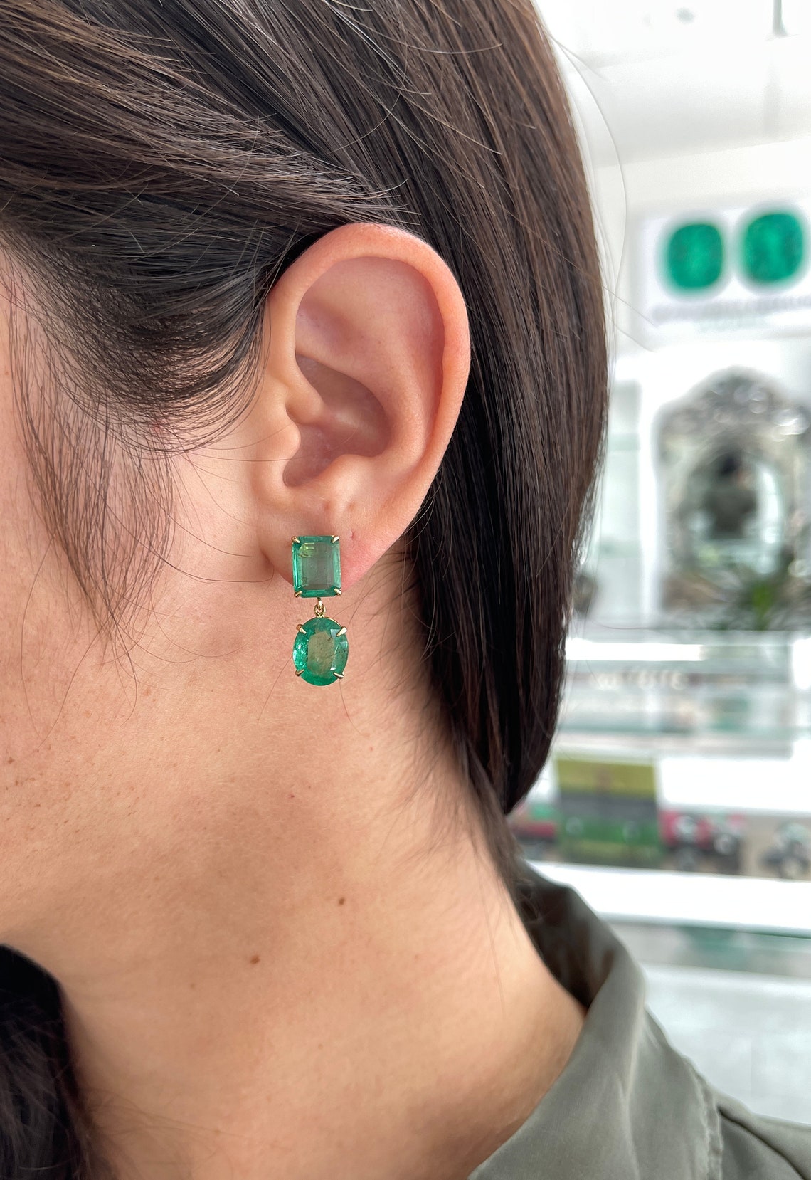 15.82tcw Dark Green Zambian Emerald Cut & Oval Cut Dangle Earrings in 18K Gold - Luxury Statement Jewelry for Weddings, Parties & Special Occasions
