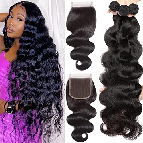 Brazilian Human Hair Bundles with 4x4 Closure - 3 Bundles Body Wave Double Weft Virgin Hair Extensions for Black Women (Natural Color) - Perfect for Daily Styling, Special Occasions & Protective Hairstyles