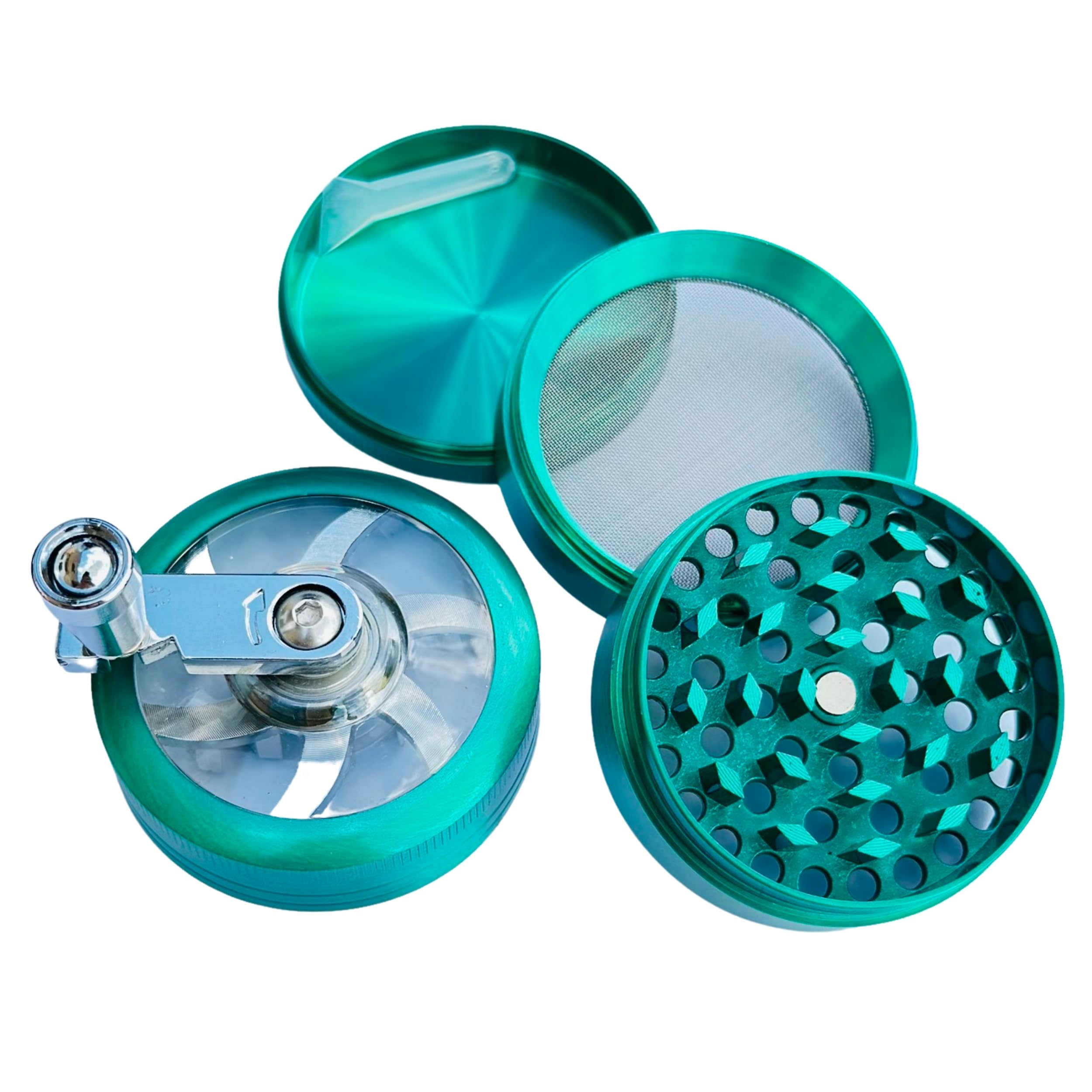 4-Piece 50mm Zinc Alloy Hand Crank Herb Grinder - Durable Metal Spice Crusher for Herbs, Tobacco & Seasonings (Green) - Perfect for Kitchen, Camping & Travel Use