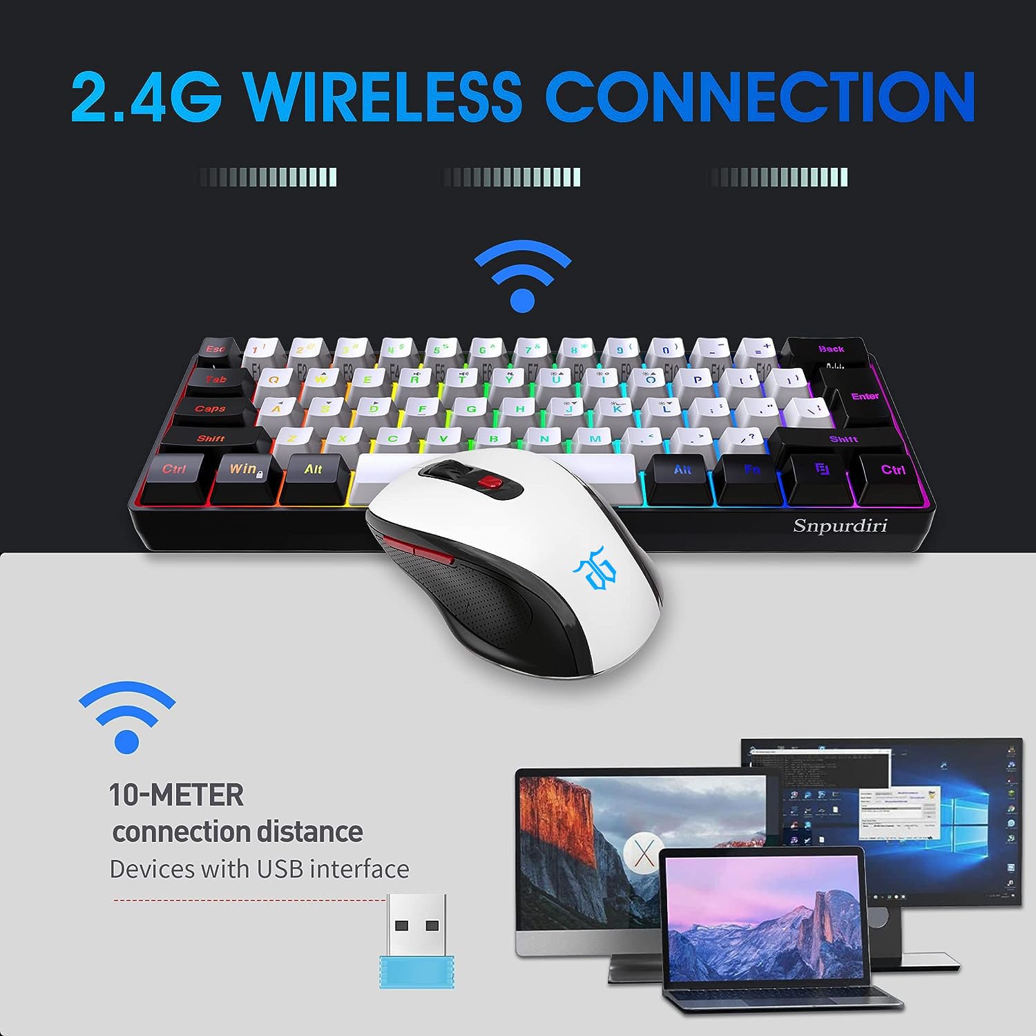 SNPURDIRI 2.4G Wireless Gaming Keyboard and Mouse Combo - 60% Compact Mechanical Feel RGB Backlit Keyboard & Ergonomic Vertical Wireless Mouse (Black/White) for PC, Mac, Laptop Gaming & Office Work