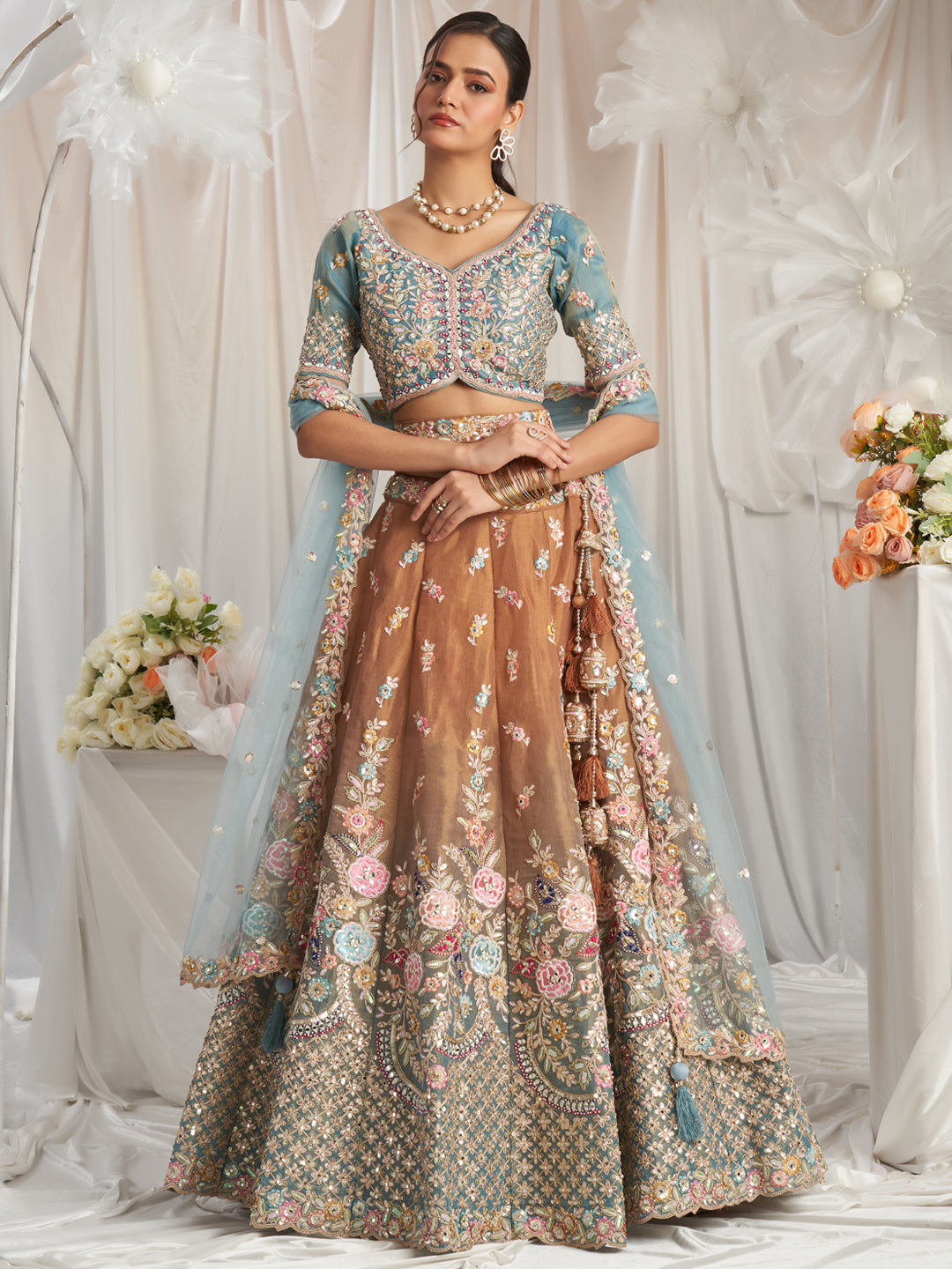 Exquisite Brown & Turquoise Blue Embroidered Sequined Mirror Work Net Lehenga Choli Set with Dupatta (D602) | Indian Bridal Wear, Wedding Party Outfit, Festive Occasion Costume