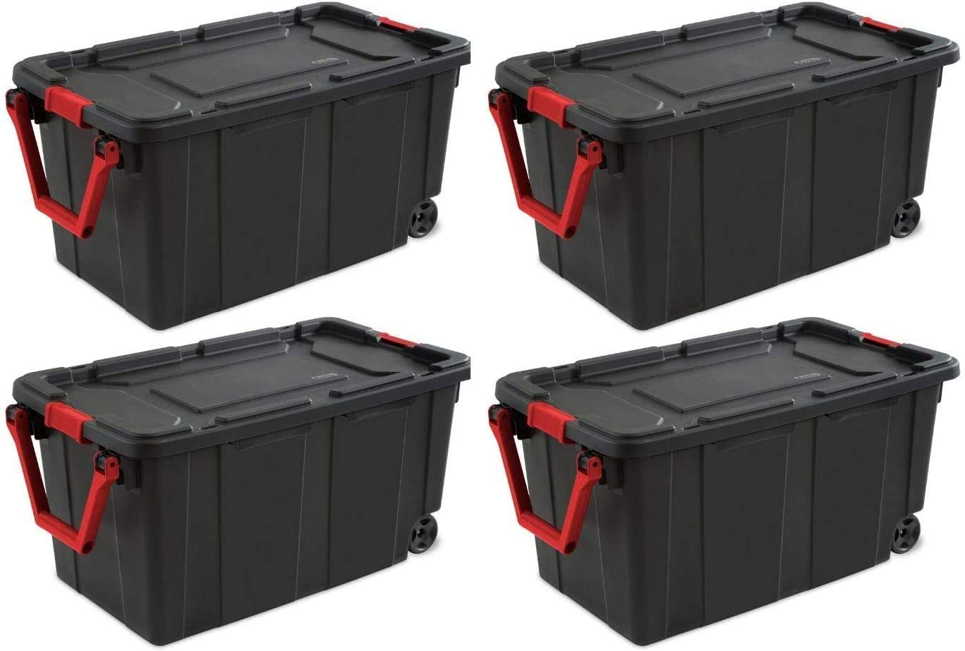 Sterilite 40 Gallon (151 Liter) Heavy-Duty Wheeled Storage Tote with Black Lid, Base & Racer Red Handle - 4-Pack for Industrial, Warehouse, and Home Organization