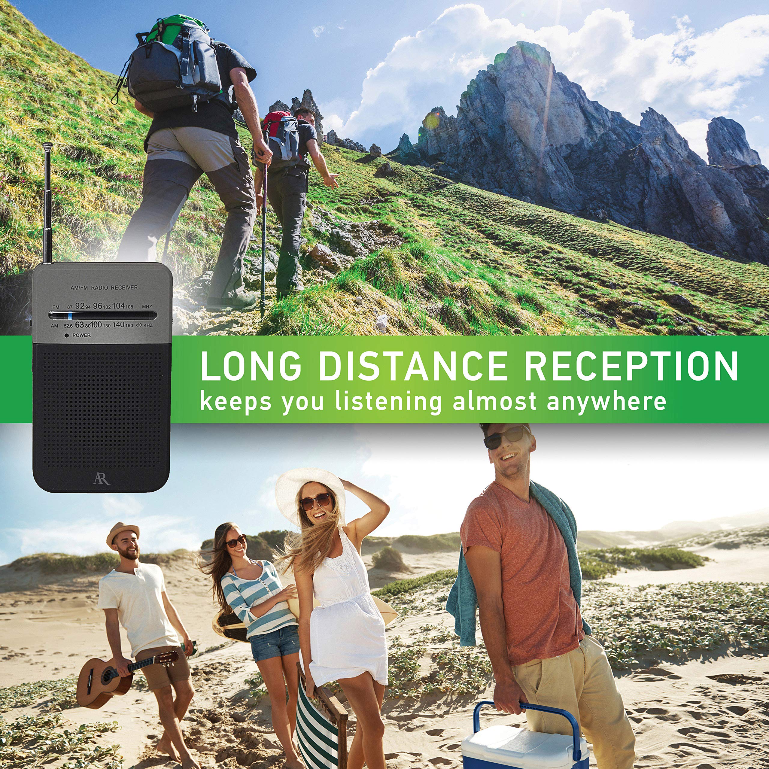 Acoustic Research Portable AM/FM Radio with Belt Clip - Built-in Speaker & Headphone Jack, Battery Powered for Outdoor, Emergency & Travel Use | Black & Grey Rubberized Finish