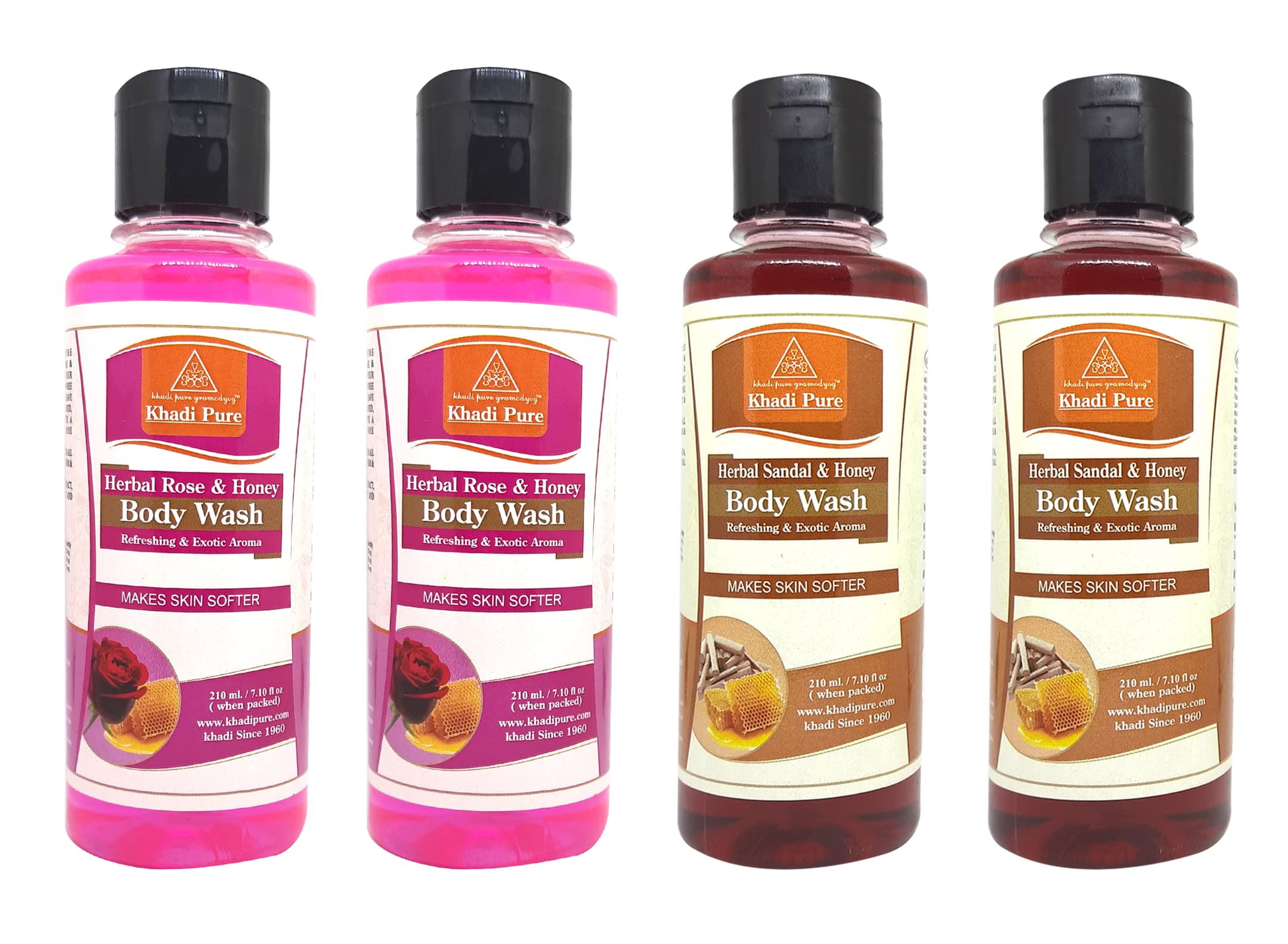 Khadi Pure Rose Honey & Sandal Honey Body Wash for Soft Skin - 210ml (Pack of 4) | Natural Moisturizing Shower Gel for Dry & Sensitive Skin | Perfect for Daily Use & Spa Days