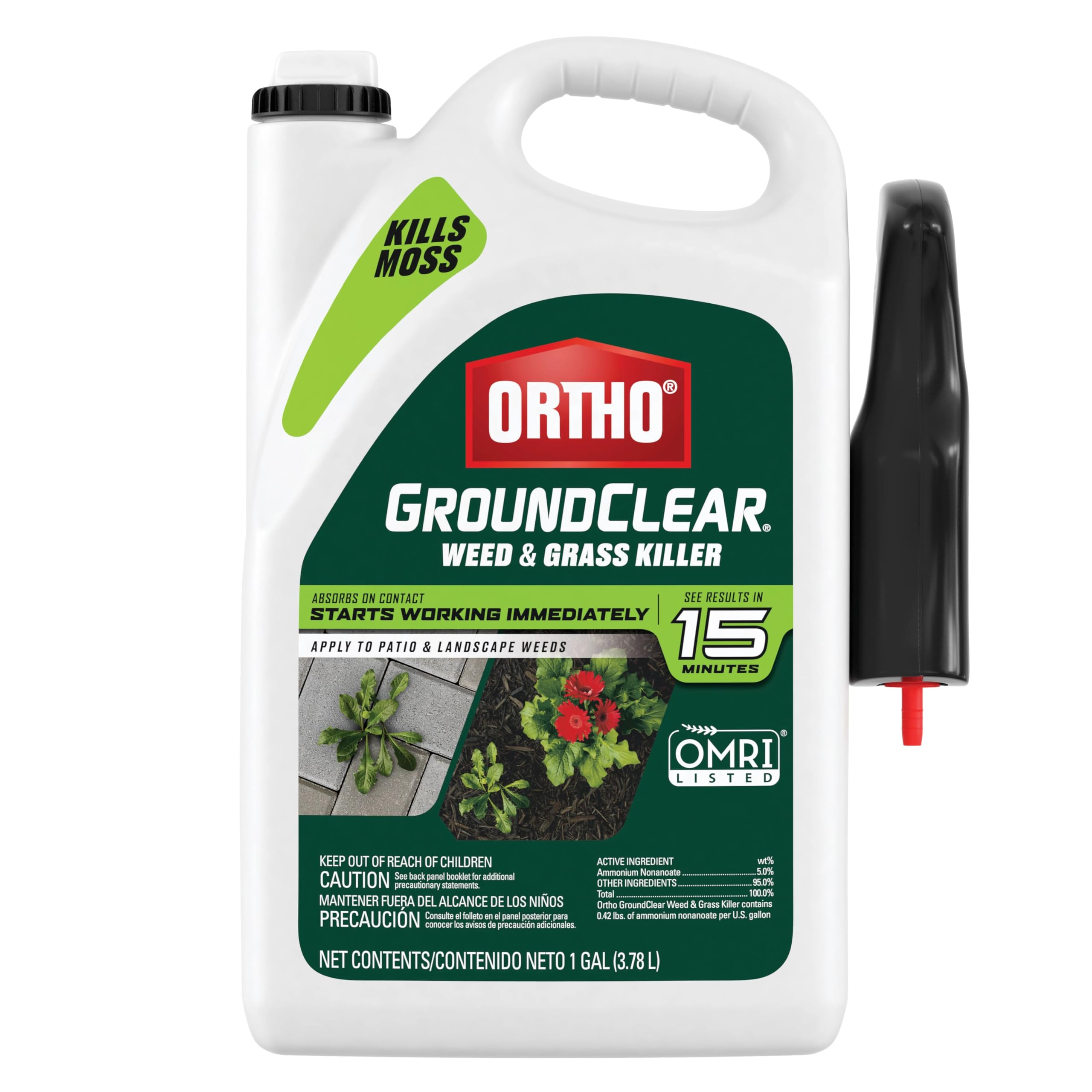 Ortho GroundClear Weed & Grass Killer with Comfort Wand - Fast-Acting Herbicide for Dandelions, Chickweed, Crabgrass & Moss Control | OMRI Listed Organic Formula (1 Gallon) | Perfect for Patios, Driveways, Walkways & Landscape Maintenance
