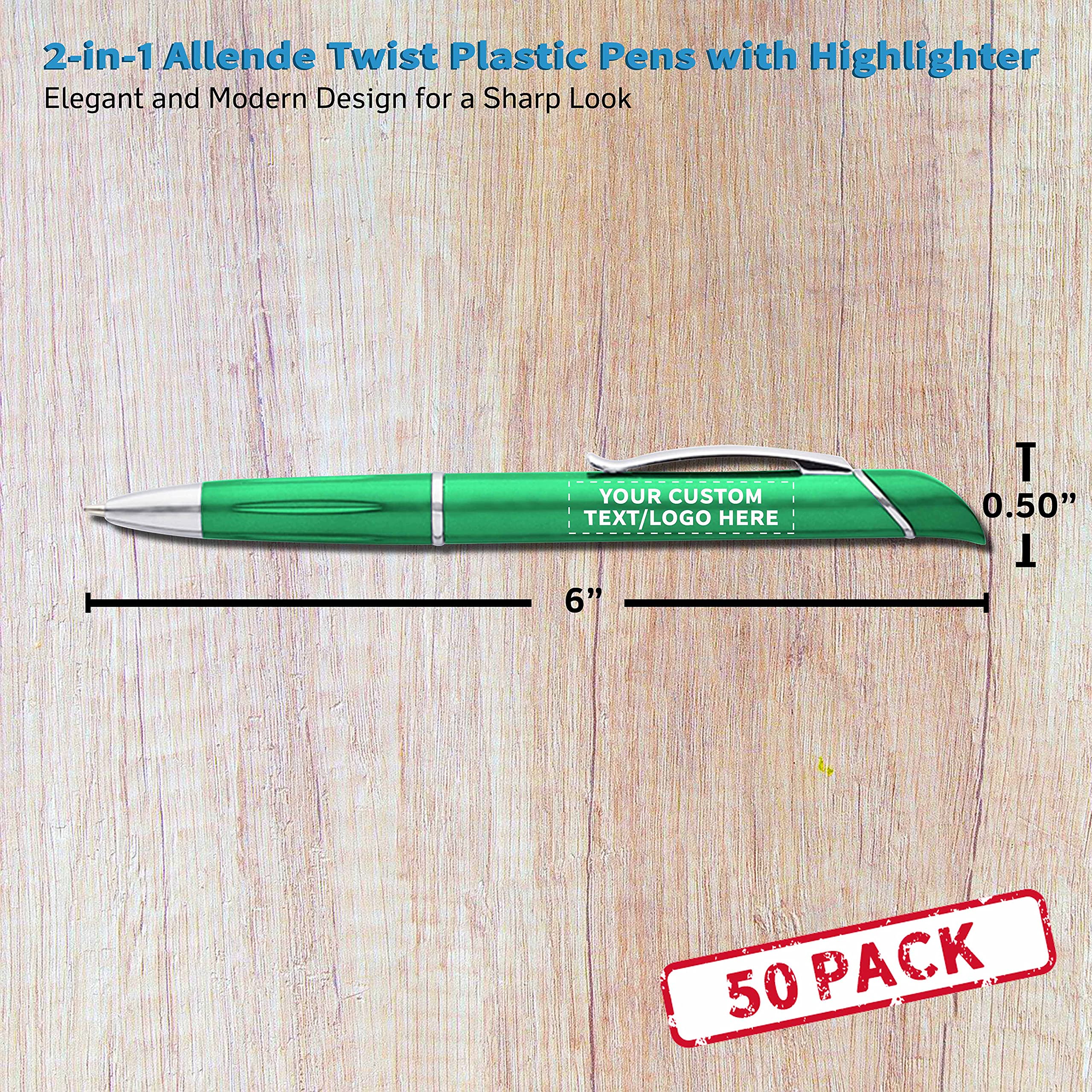 50-Pack Allende Twist Plastic Pens with Highlighter - Custom Text & Logo Printing - Durable Black Ink Office & School Supplies - Perfect for Business Gifts, Promotions & Student Use