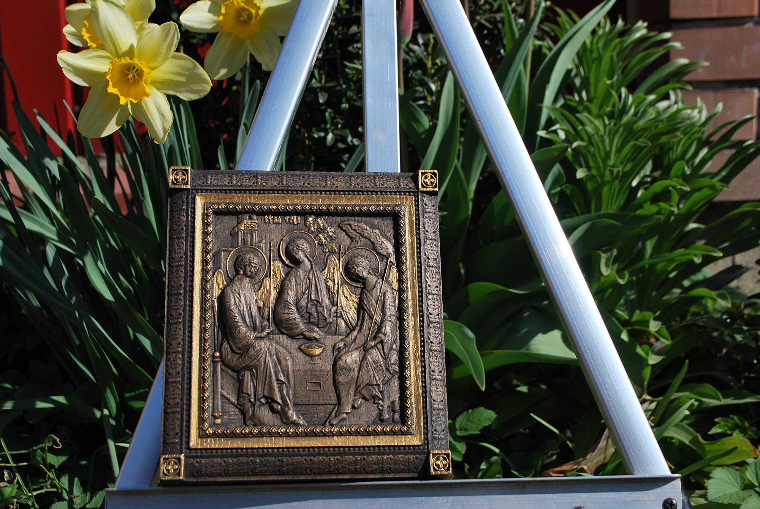 Hand-Carved Holy Trinity Wooden Orthodox Icon - Religious Christian Gift for Wedding, Anniversary & Housewarming - Wall Hanging Artwork for Home Decor & Prayer Space