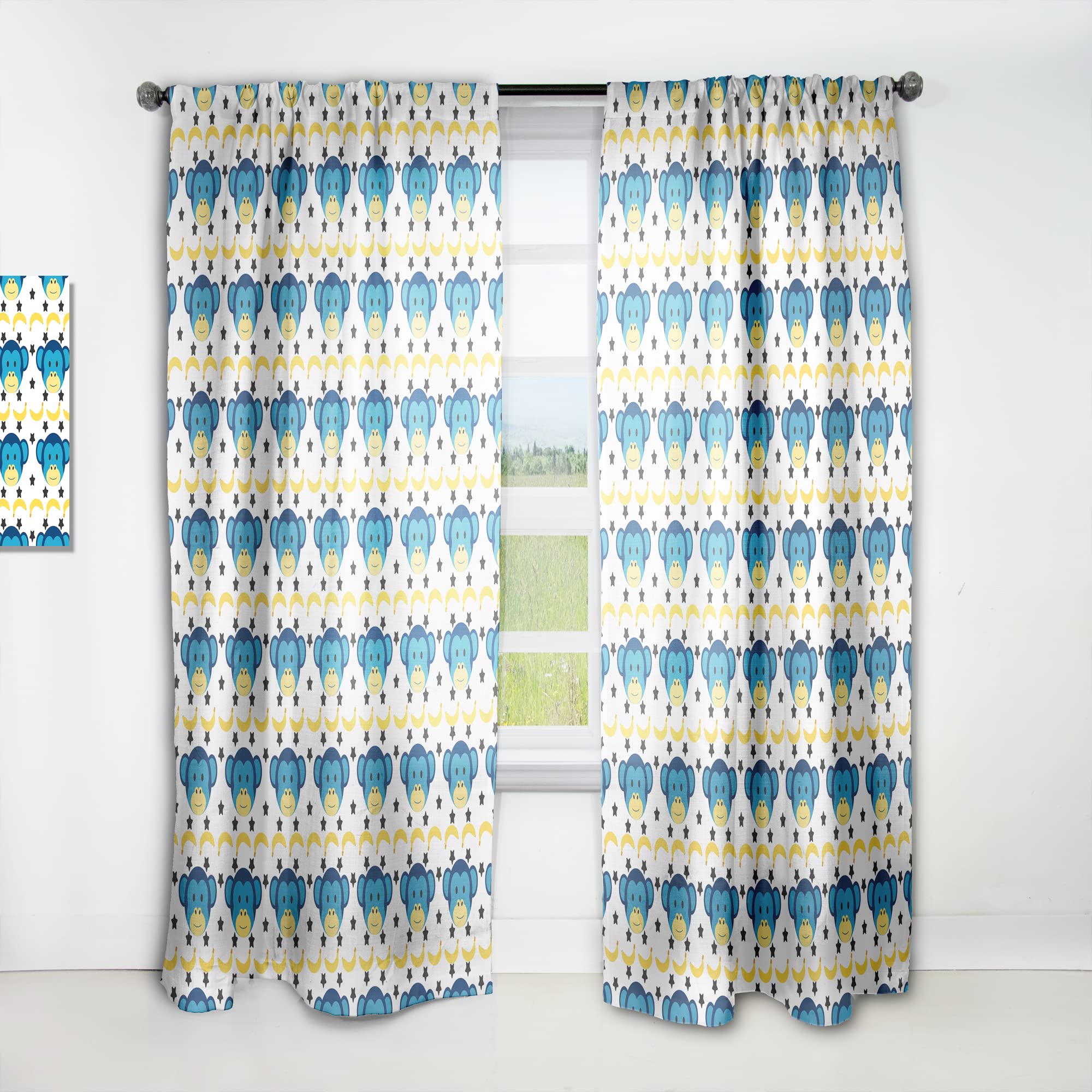 Doodle Monkey Pattern Thermal Insulated Curtains for Bedroom & Living Room - 52x63 Single Panel Window Drapes - Perfect for Kids Room, Nursery & Home Decor