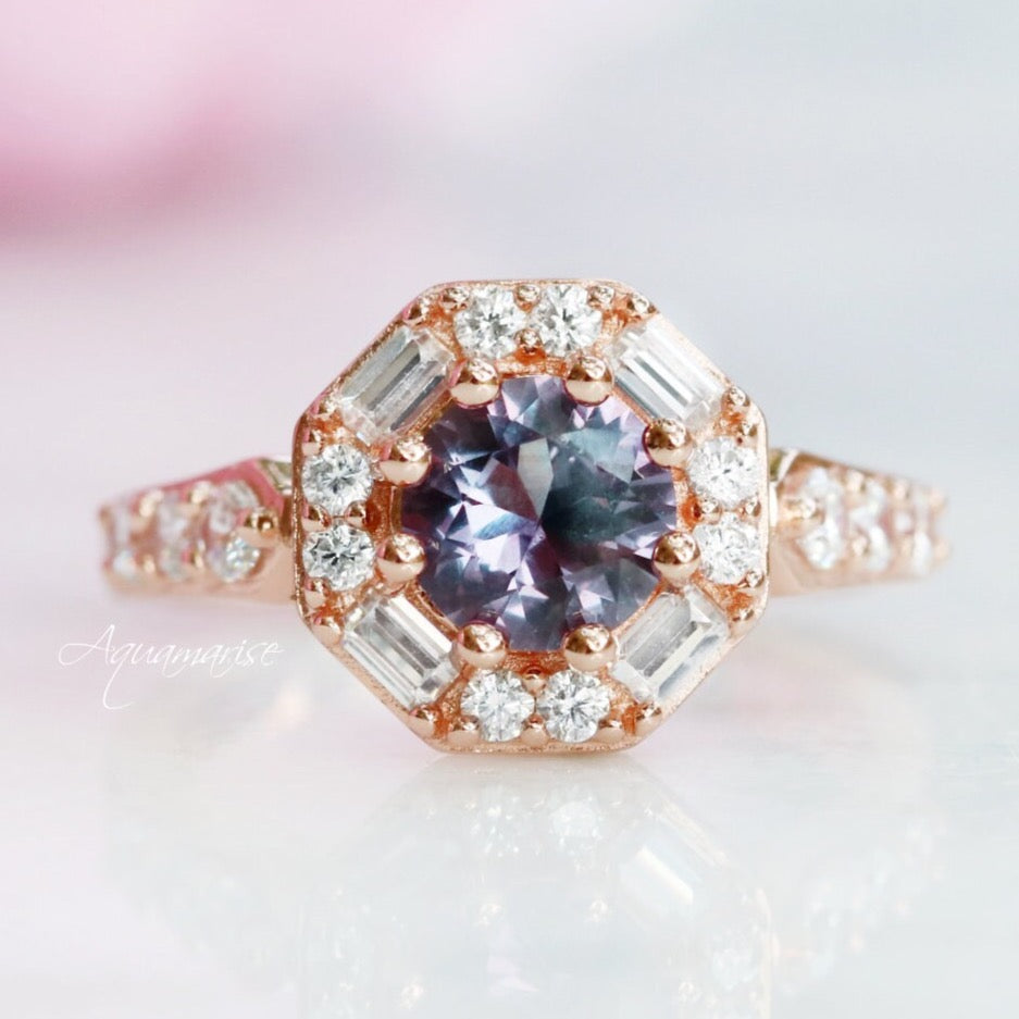 Hexagon Alexandrite Ring 14K Rose Gold Vermeil - Elegant Color Changing Gemstone Jewelry for Women, Perfect for Engagement, Anniversary & Special Occasions