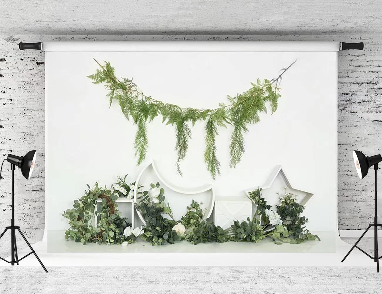 7x5ft Spring Green Plants Photography Backdrop - White Wall Fabric Background for Portrait Studio, Newborn, Baby Shower & Indoor Photo Shoots