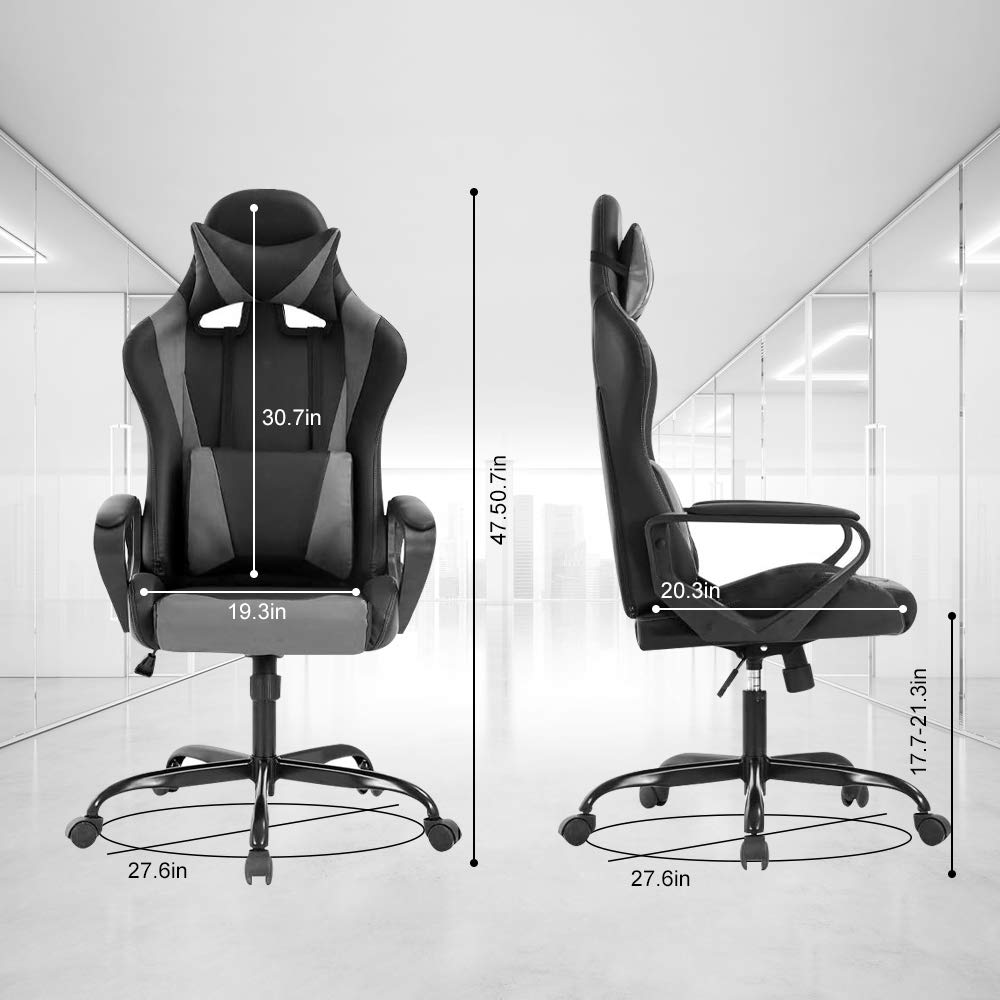 Ergonomic Gaming Chair with Headrest & Lumbar Support - Adjustable Height PU Leather Computer Desk Chair for Office, Racing & Video Games - 360° Swivel Executive Chair (Grey) - Perfect for Home Office, Gaming Setup & Esports Tournaments