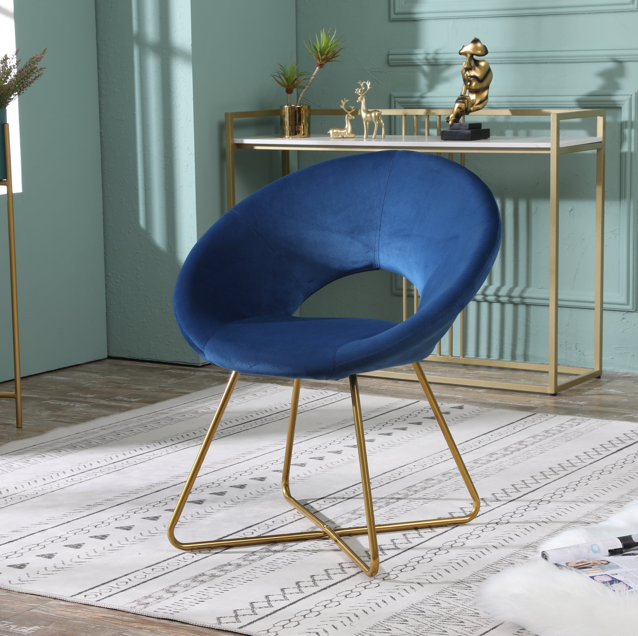 Roundhill Furniture Slatina Silky Velvet Upholstered Accent Chair - Blue Velvet with Gold Tone Metal Base for Living Room, Bedroom & Office Decor