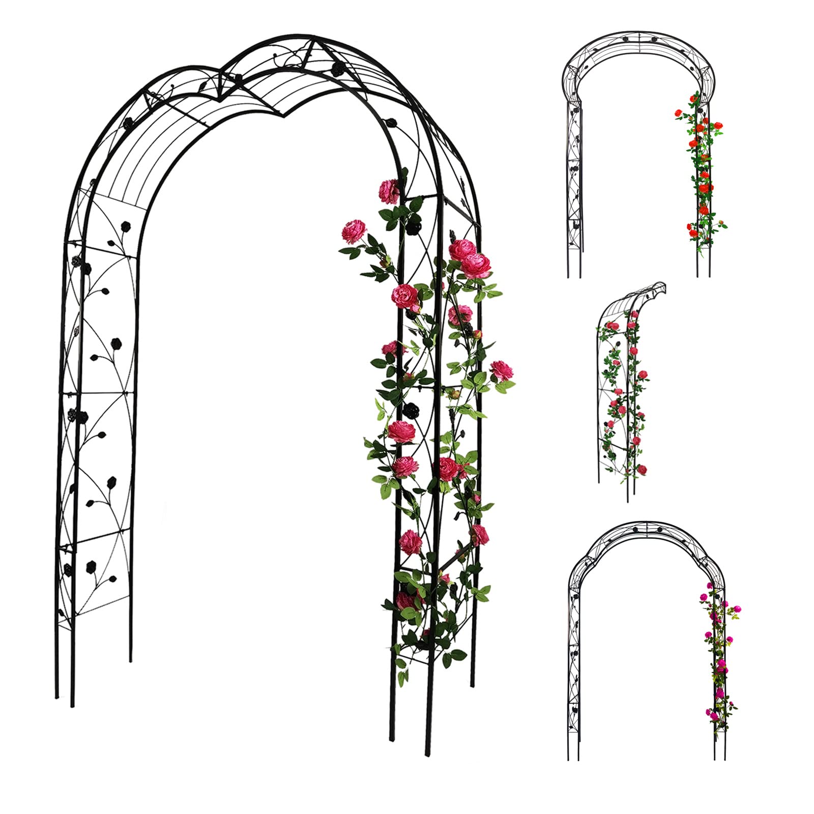 8-Style Metal Garden Arch Trellis - Freestanding Climbing Plant Support for Roses, Outdoor Wedding & Party Decor, Black - Perfect for Vine Support, Wedding Aisle, Garden Decor & Backyard Events