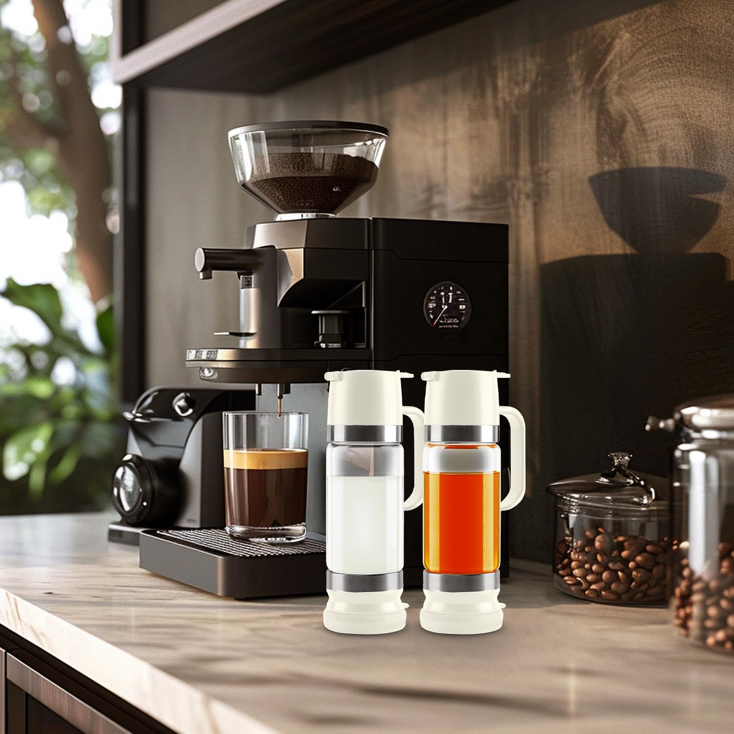 Premium 12oz Glass Coffee Syrup Dispenser with Handle - No Drip Pouring for Coffee, Tea & Honey - Barista Accessories for Home & Cafe (2-Pack, White) - Perfect for Latte Art, Cocktails & Dessert Toppings