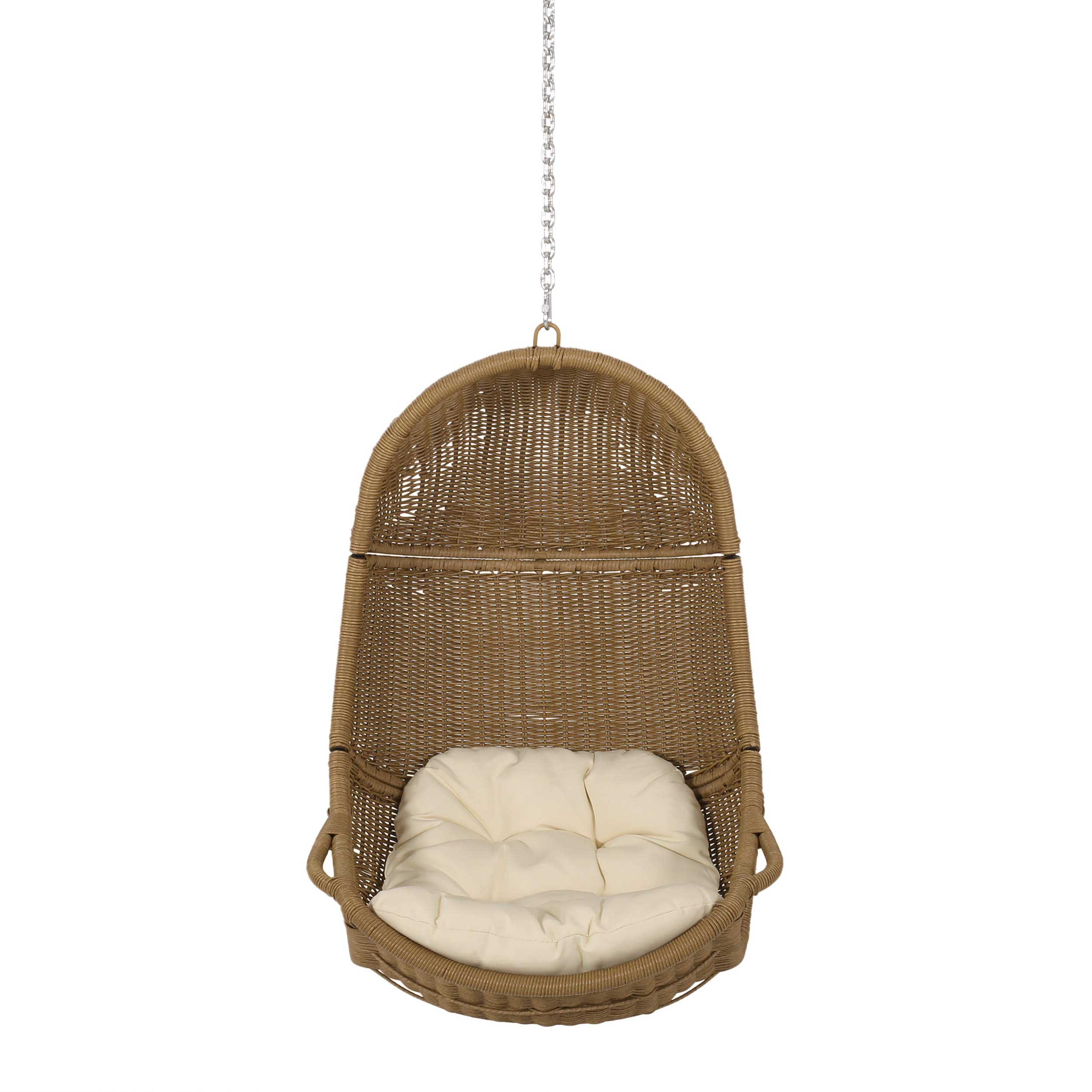 Christopher Knight Home Orville Outdoor Hanging Chair - Beige & Light Brown Wicker Swing Chair for Patio, Garden, Porch, Backyard Relaxation