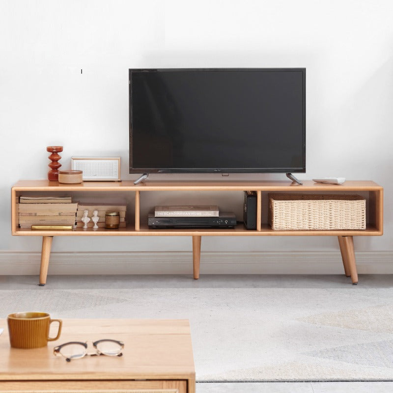 Solid Beech Wood TV Stand with Open Storage - Modern Entertainment Center for Living Room, Bedroom & Home Theater