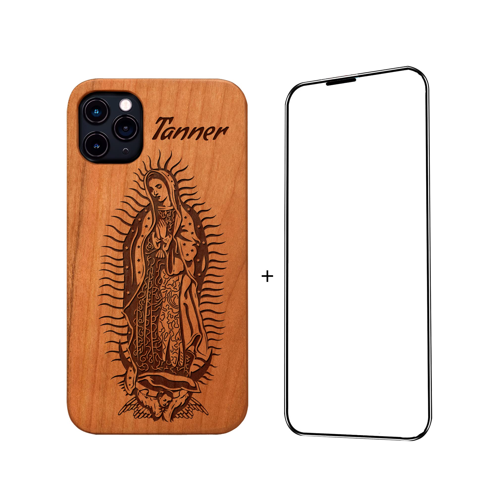 Virgin Mary Our Lady of Guadalupe Custom Wood Phone Case with Free Tempered Glass - Compatible with iPhone 15/14/13/12/11 (Mini, Pro, Pro Max, Plus), Xs, Xr, X & Samsung S21/S22/S23/Note 12 - Perfect for Religious Protection and Stylish Device Cover