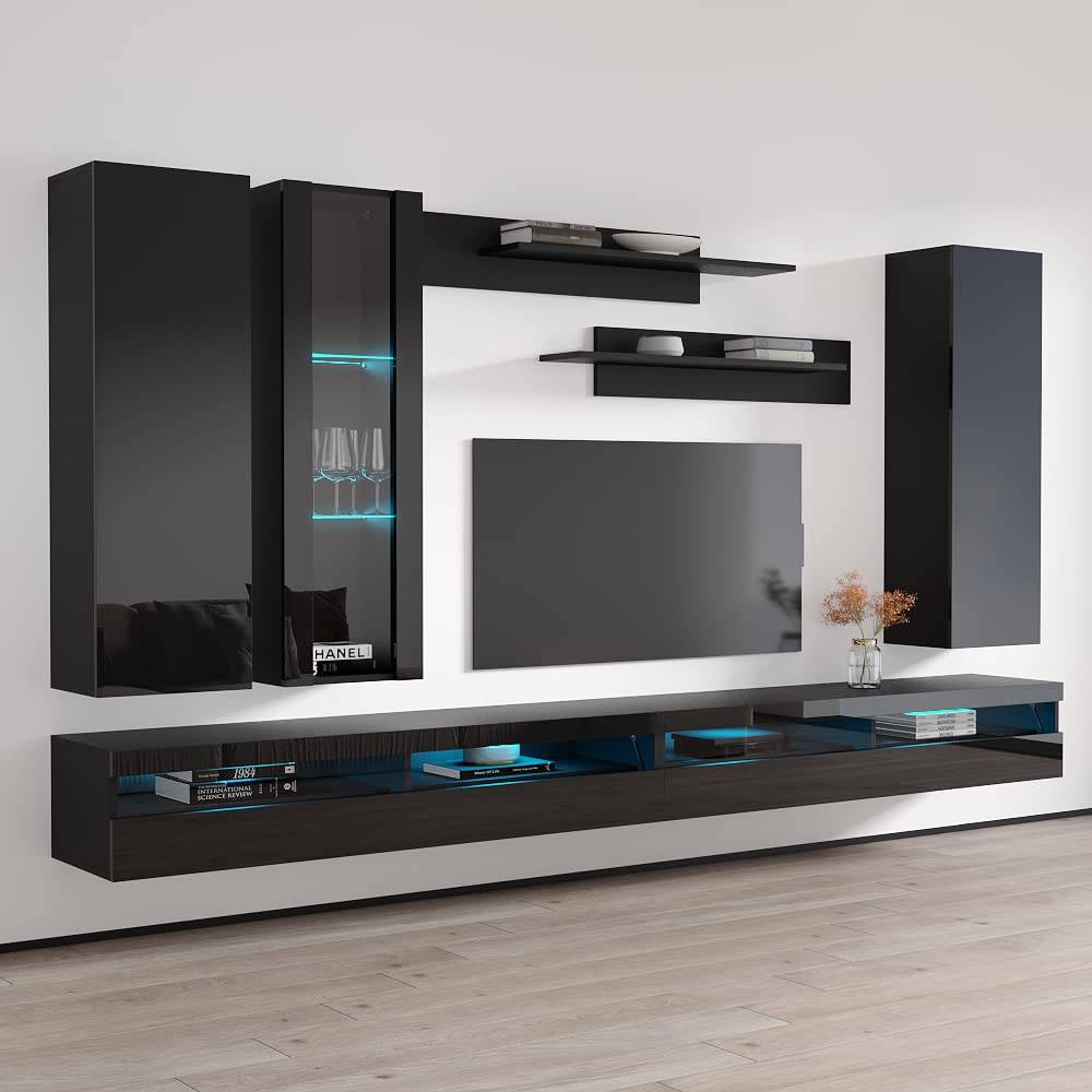 Modern Floating TV Stand with Storage & LED Lights - Wall-Mounted Entertainment Center for Bedroom & Living Room - Black Meble Furniture Fly EF4 35TV Console with Shelves - Perfect for Small Spaces & Home Theater Setups