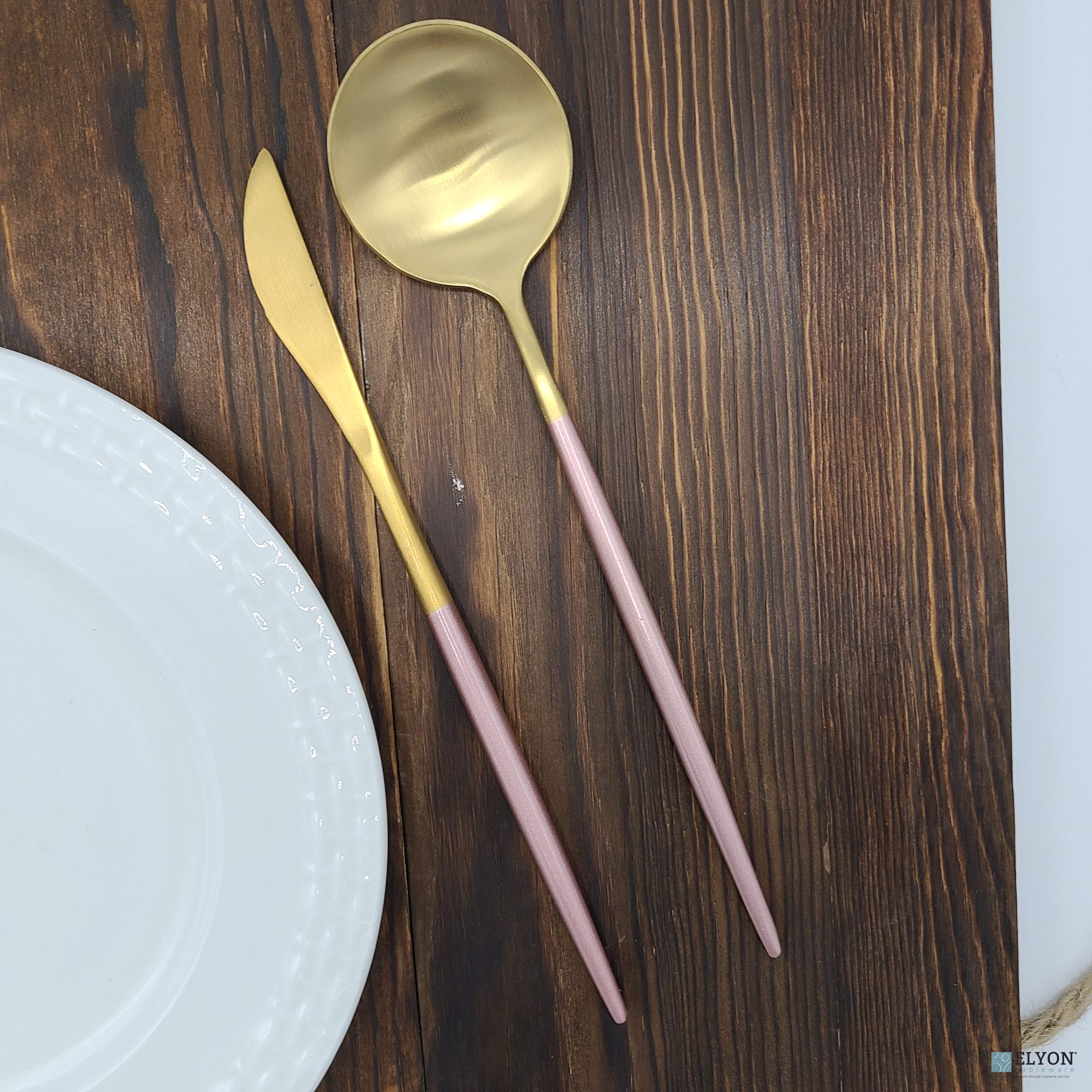 Elyon Lea 20-Piece Matte Gold and Pink Flatware Set - 18/10 Stainless Steel Silverware with Pink Thin Handles & Gold Finish Cutlery - Service for 4 - Perfect for Dinner Parties, Weddings, and Elegant Home Dining